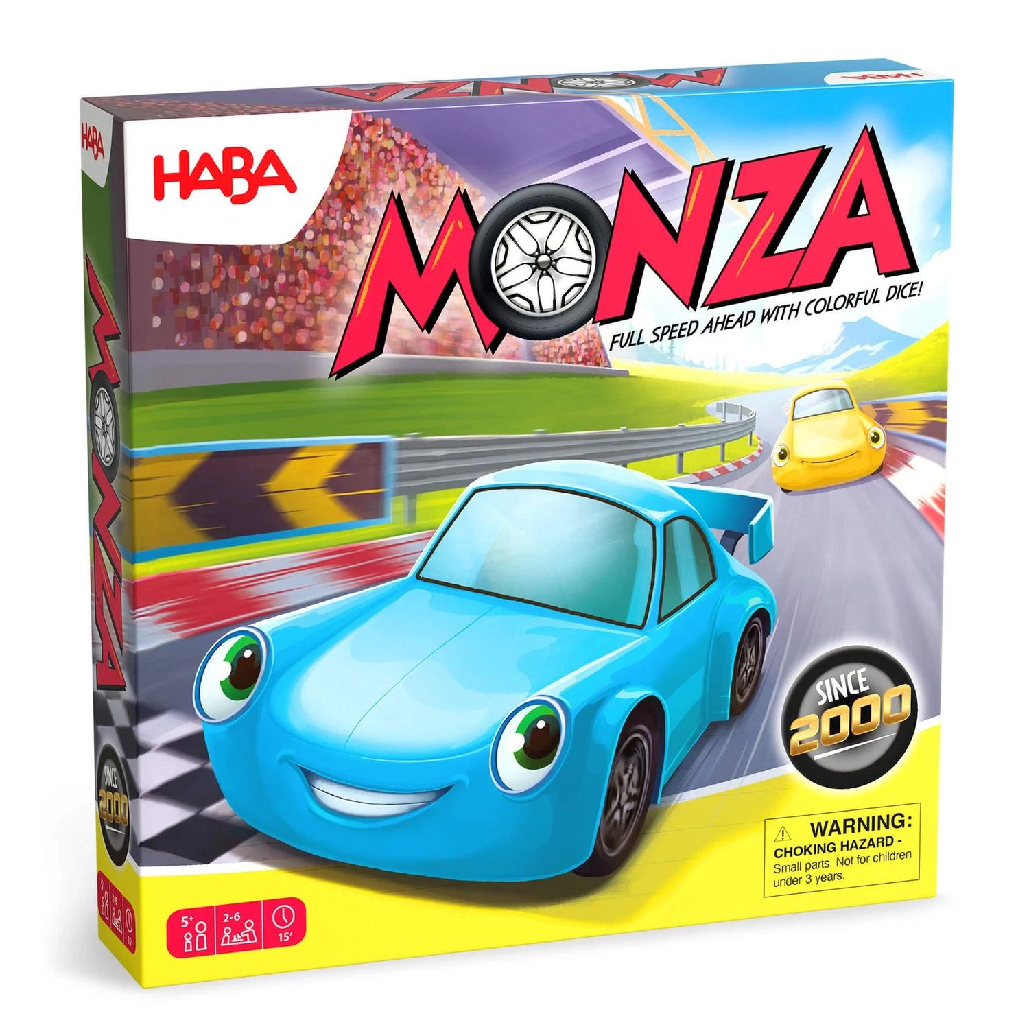 HABA Monza board game box featuring a smiling blue race car on a colorful racing track background.