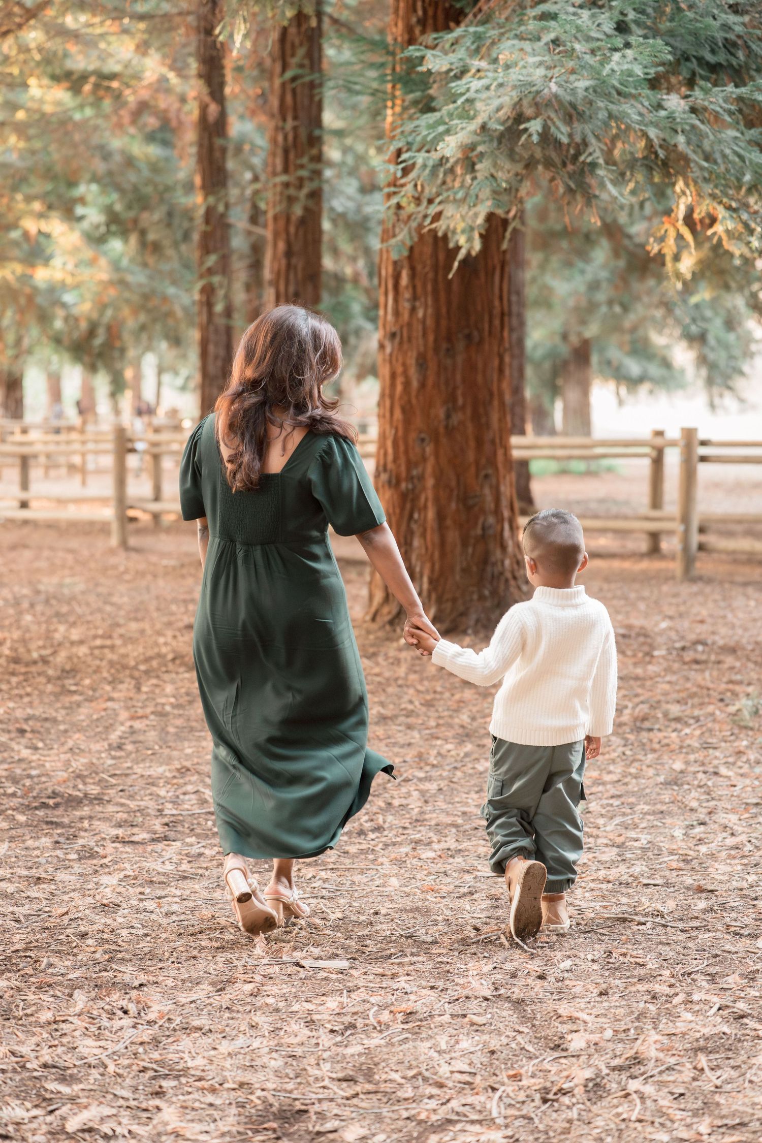 A mother in a green dress holds her son's hand walking through a pine forest.