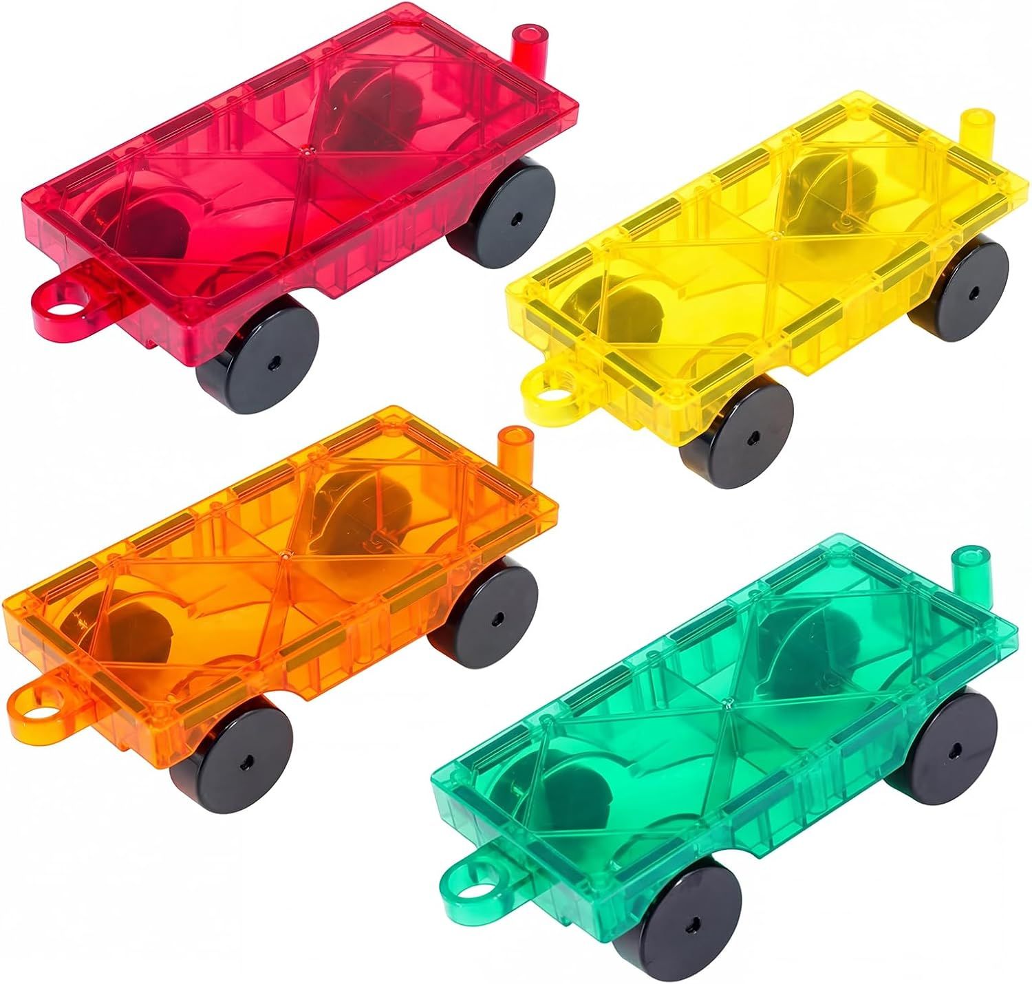Four colorful translucent magnetic tile toy cars in red, yellow, orange, and green with black wheels on white background.