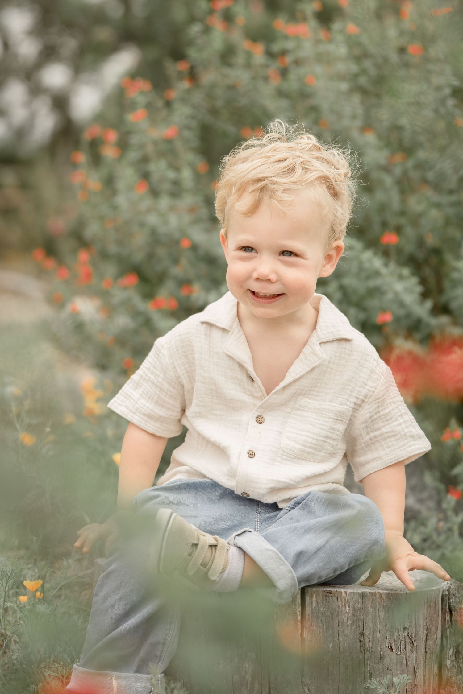Smiling toddler boy with blonde hair sitting on a tree stump surrounded by colorful wildflowers.