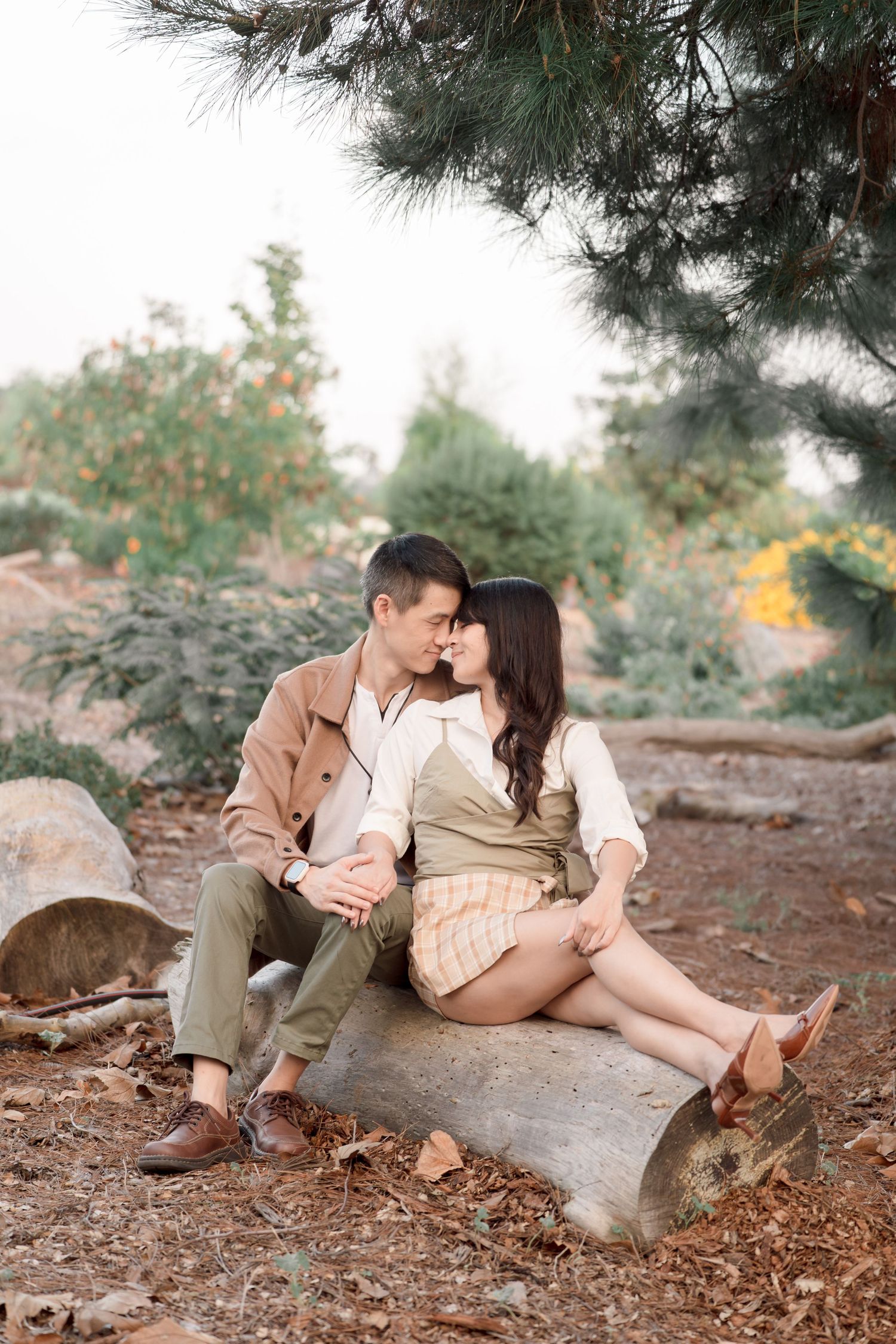 A couple sits closely on a log in a garden, sharing an intimate nose-to-nose moment outdoors.