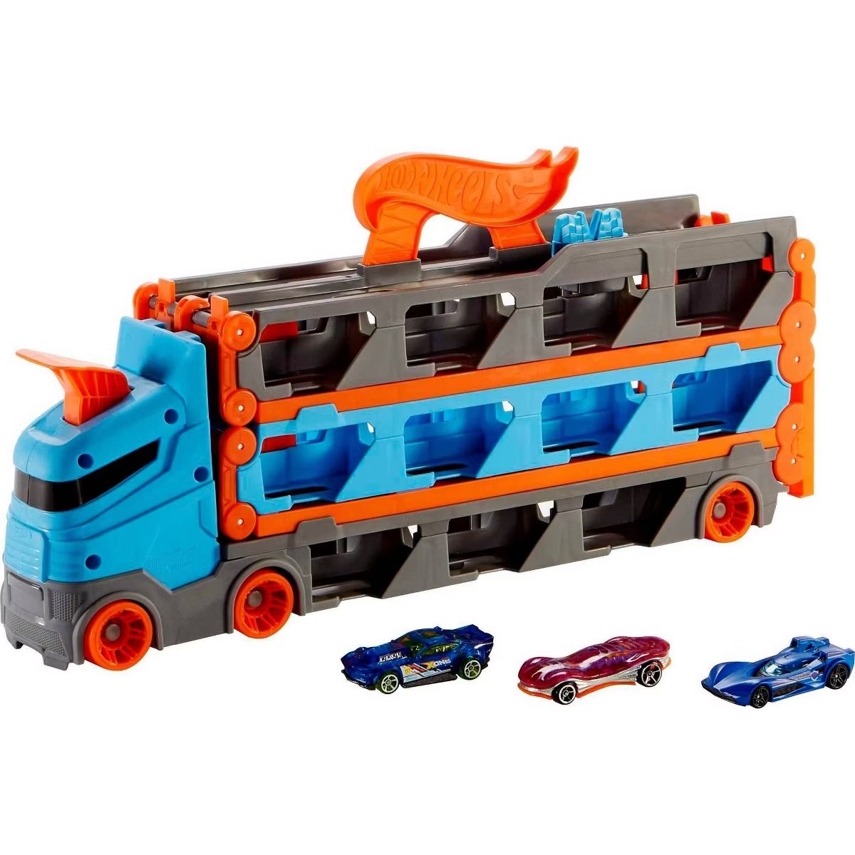 Hot Wheels blue and orange city hauler transporter truck toy with 3 die-cast cars included.