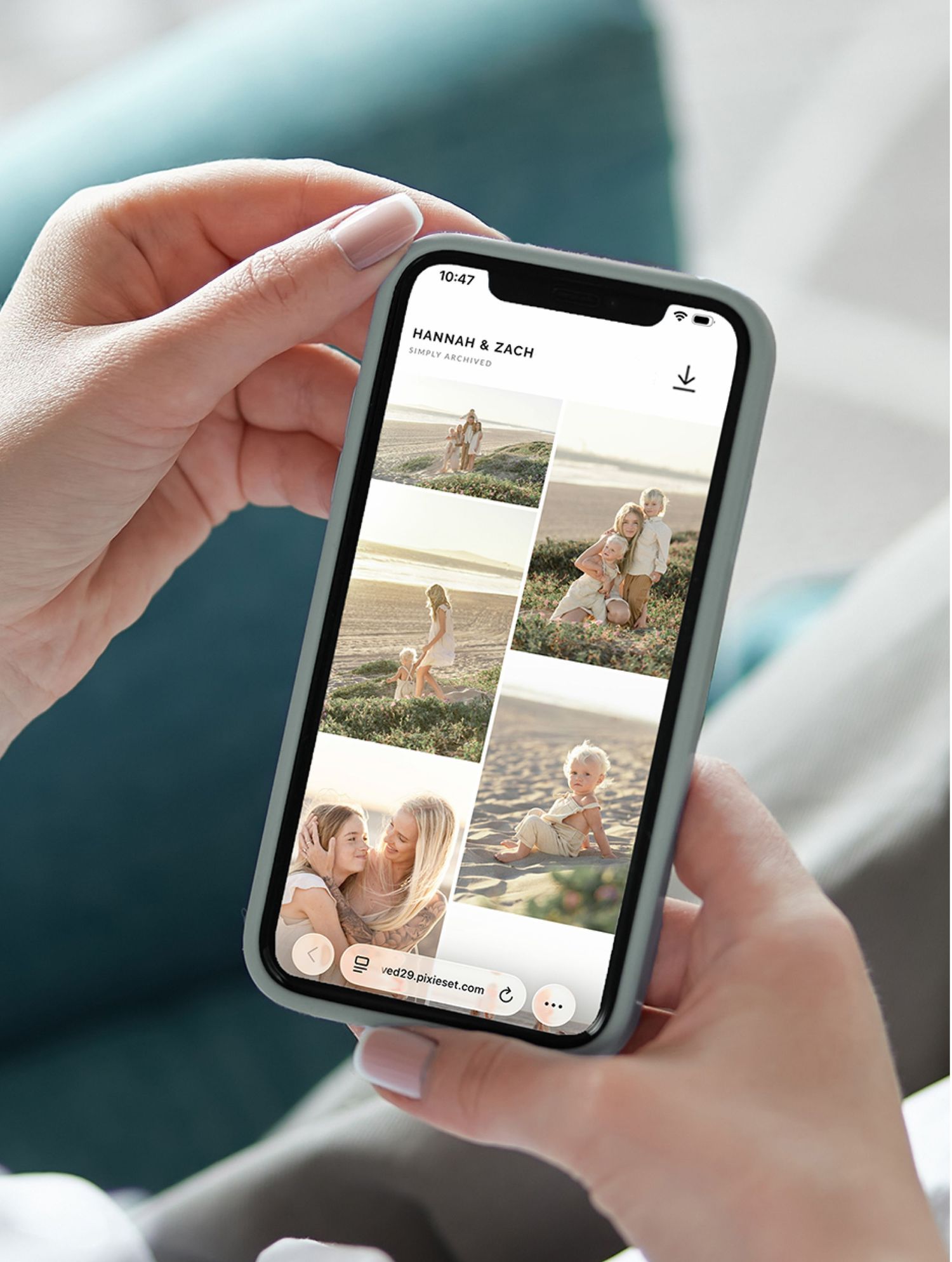 Hands holding a smartphone displaying a photo collage app with family beach photos labeled Hannah and Zach.