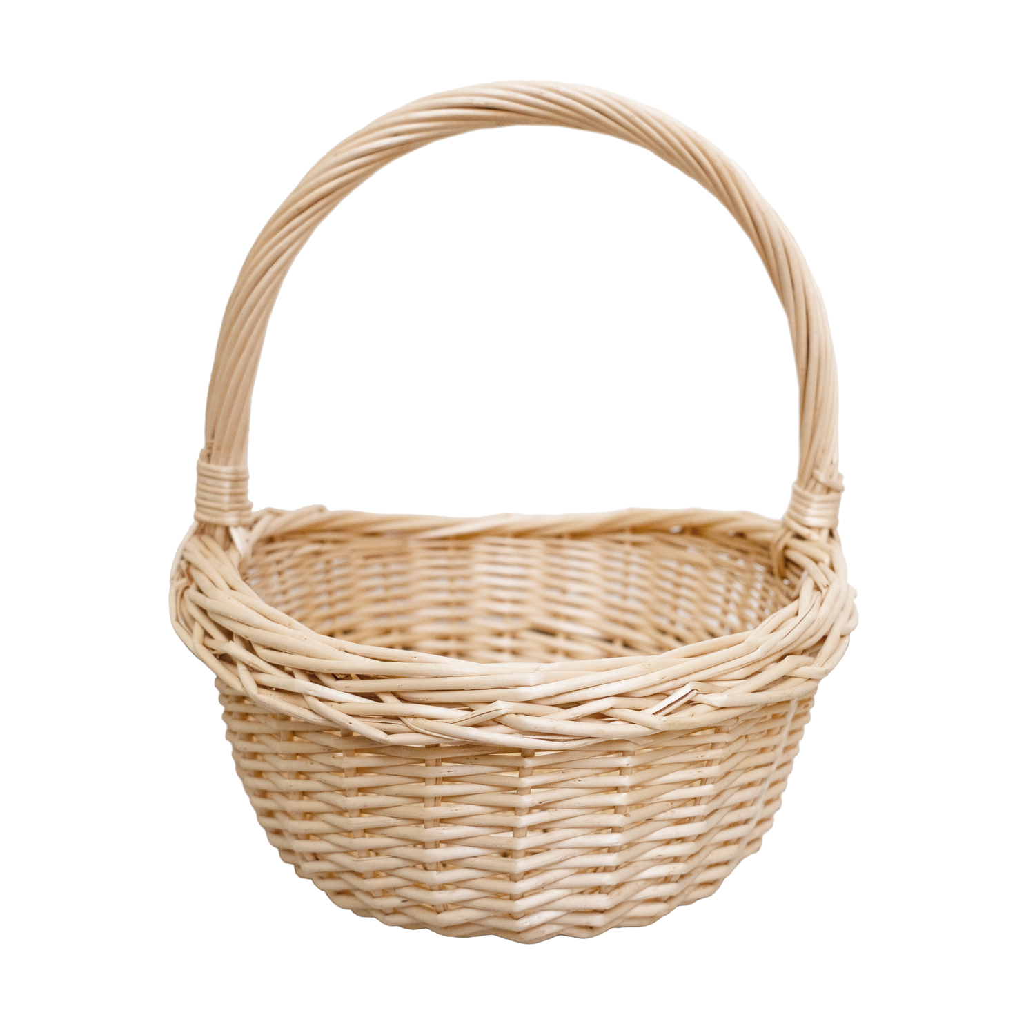 Natural wicker basket with tall handle isolated on white background, perfect for Easter or gift giving.