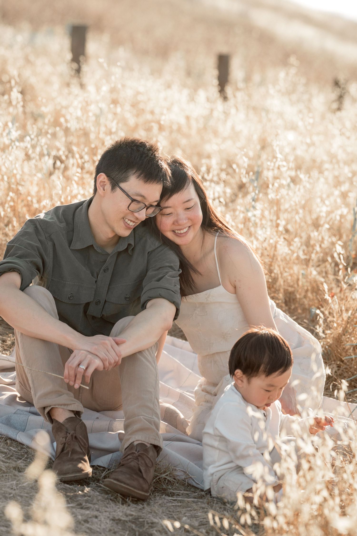 A young Asian family sits together in a golden sunlit field, parents smiling at their baby boy.