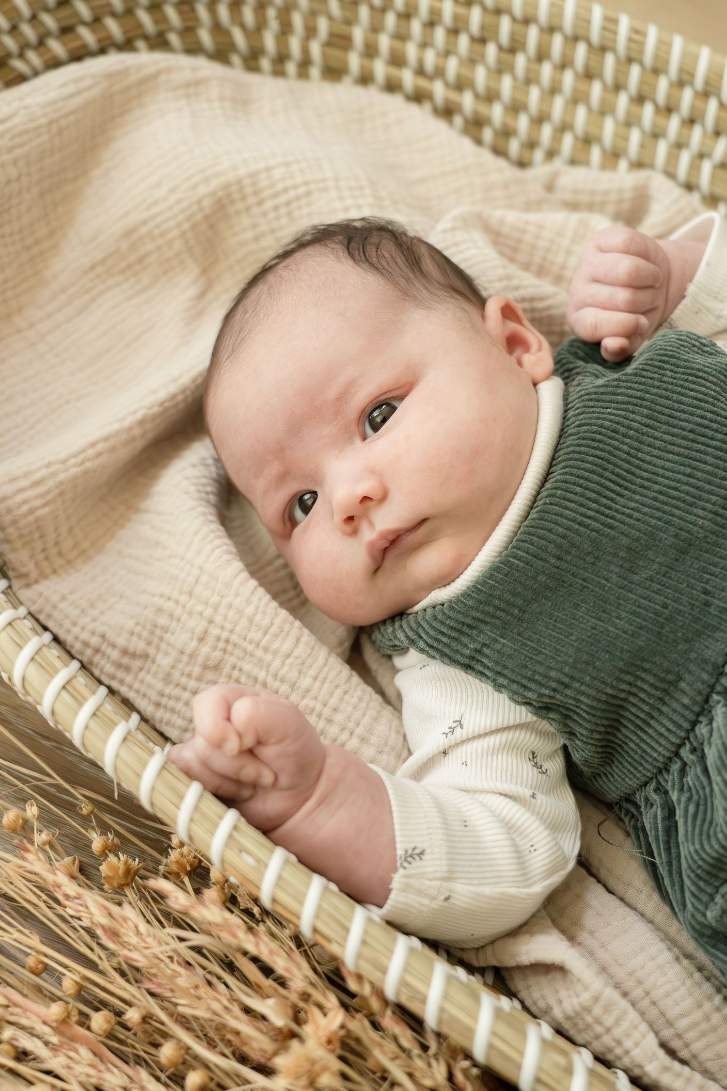 Newborn baby in green outfit lying awake in a wicker Moses basket with dried flowers.