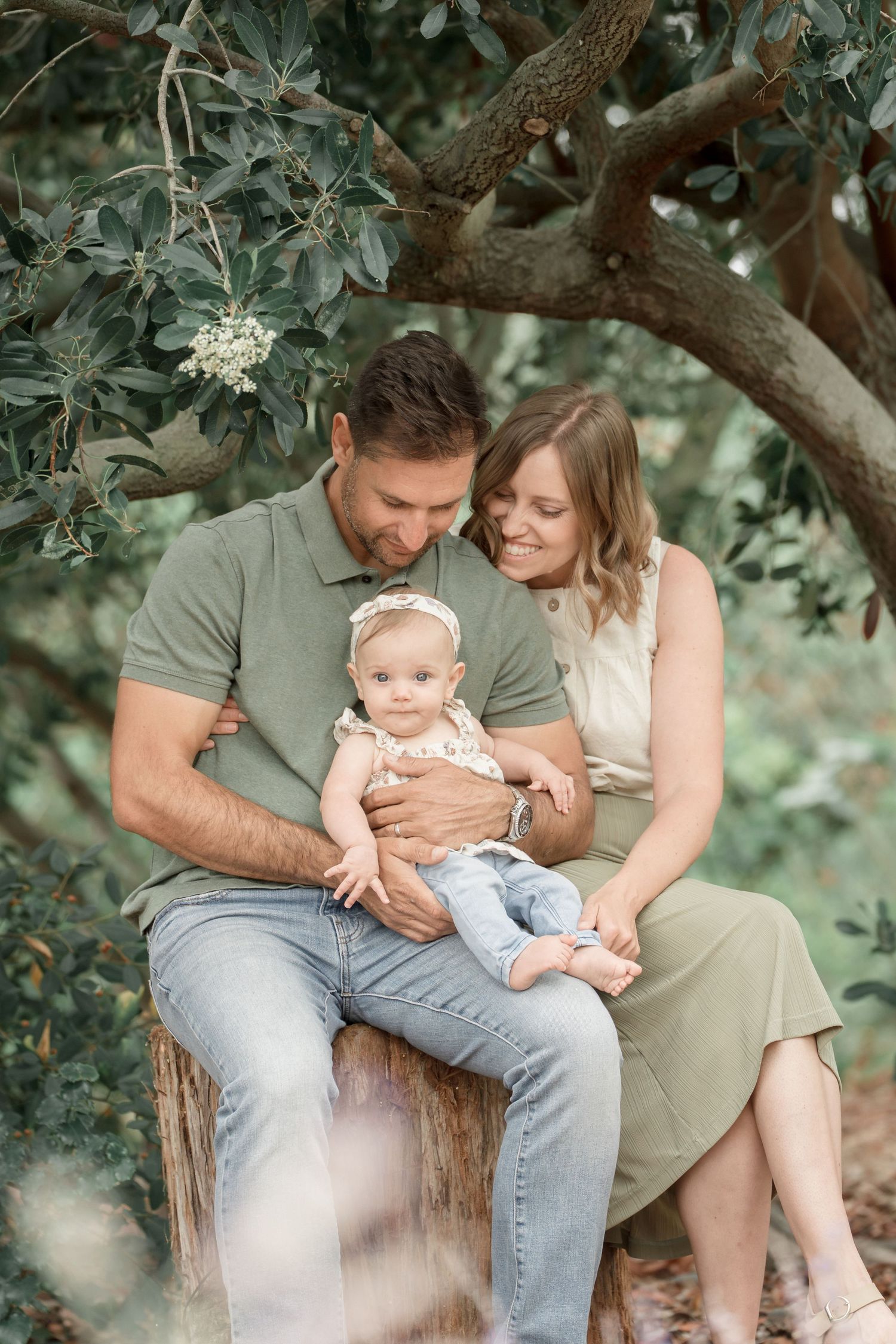 A happy family with a baby girl sits under a lush green tree outdoors in a warm, natural setting.