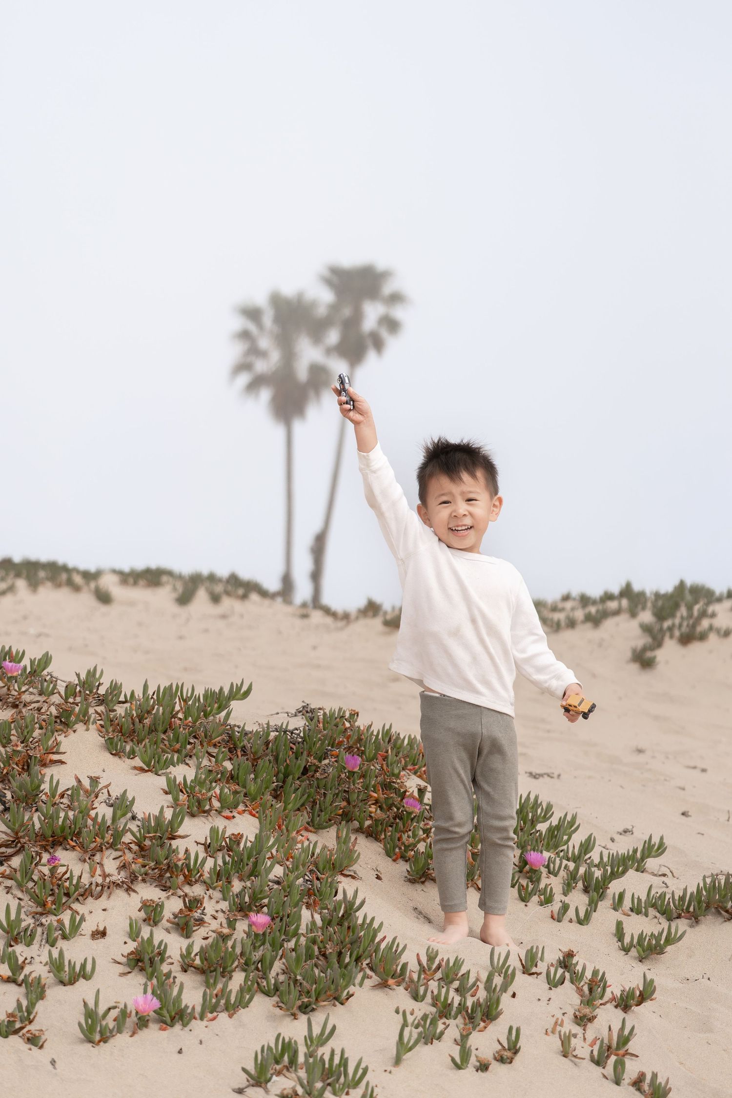 Happy Asian boy standing on sandy beach dunes with pink flowers, raising hand, palm trees in foggy background.