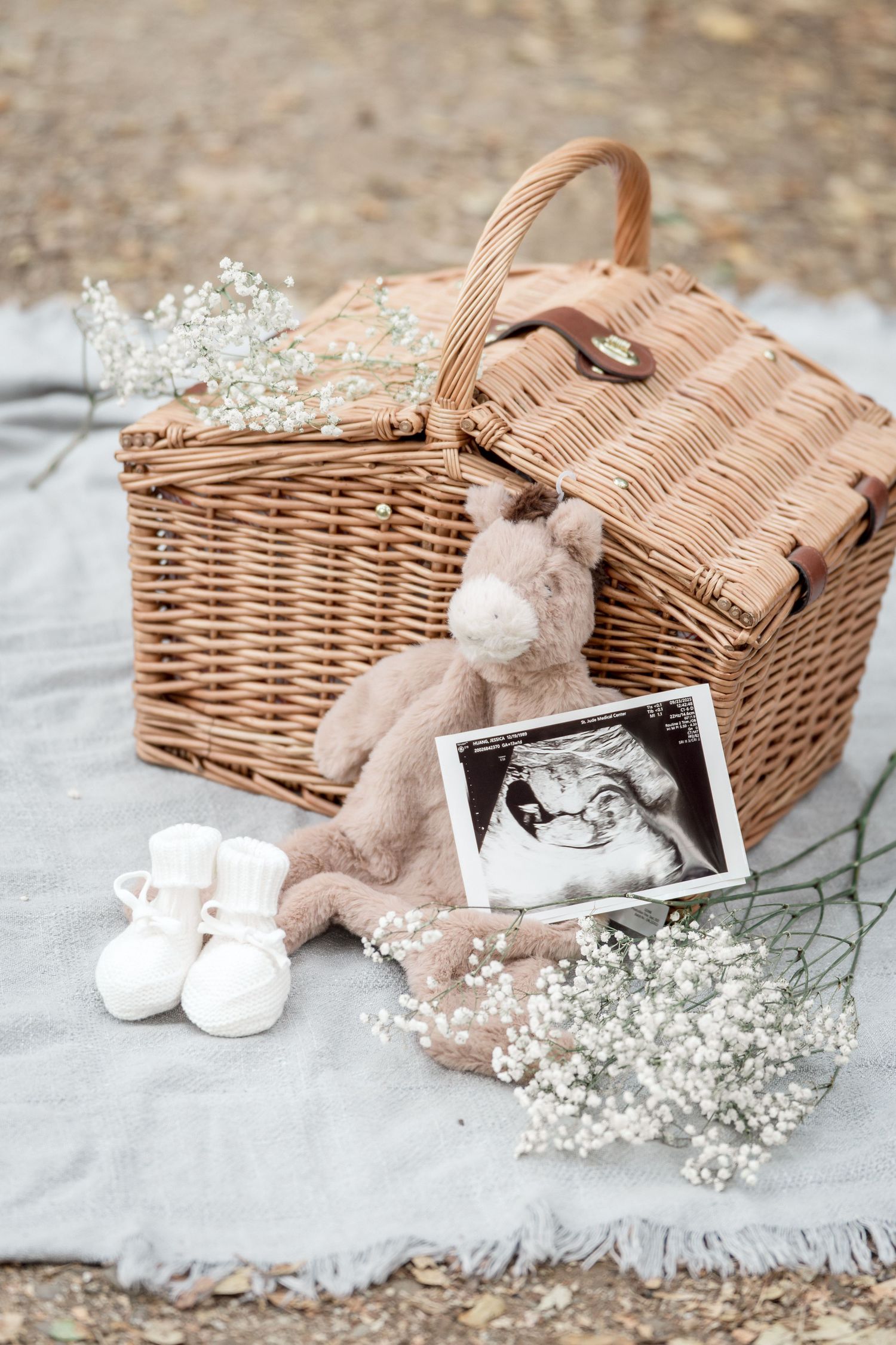 Baby announcement flat lay with wicker basket, ultrasound photo, stuffed animal, and white booties on blanket.