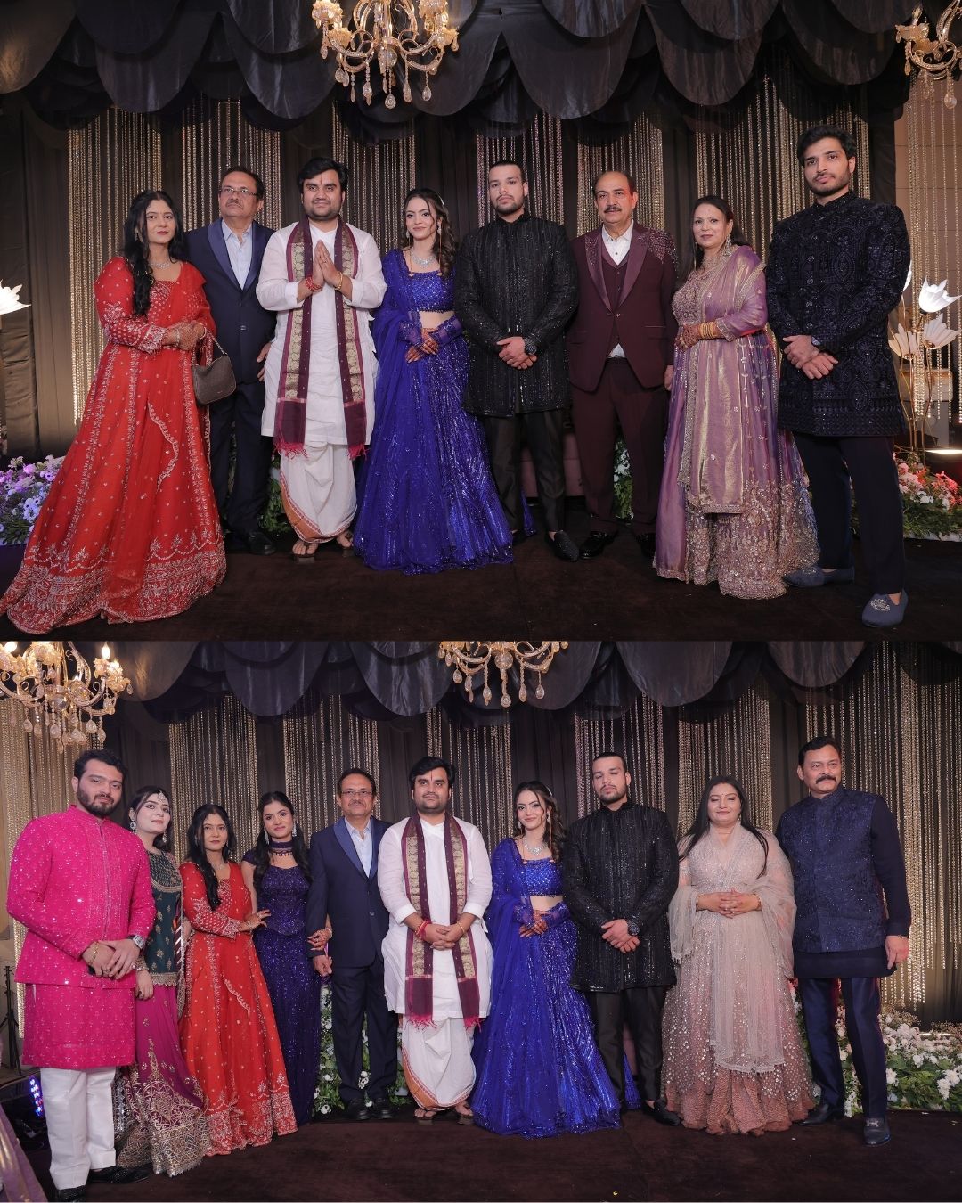 Group of elegantly dressed guests posing at an Indian wedding celebration in traditional and formal attire.