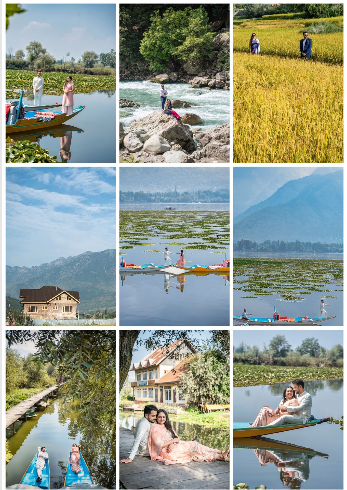 Couple posing on a shikara boat on Dal Lake Kashmir with lotus flowers, surrounded by scenic Himalayan landscapes.