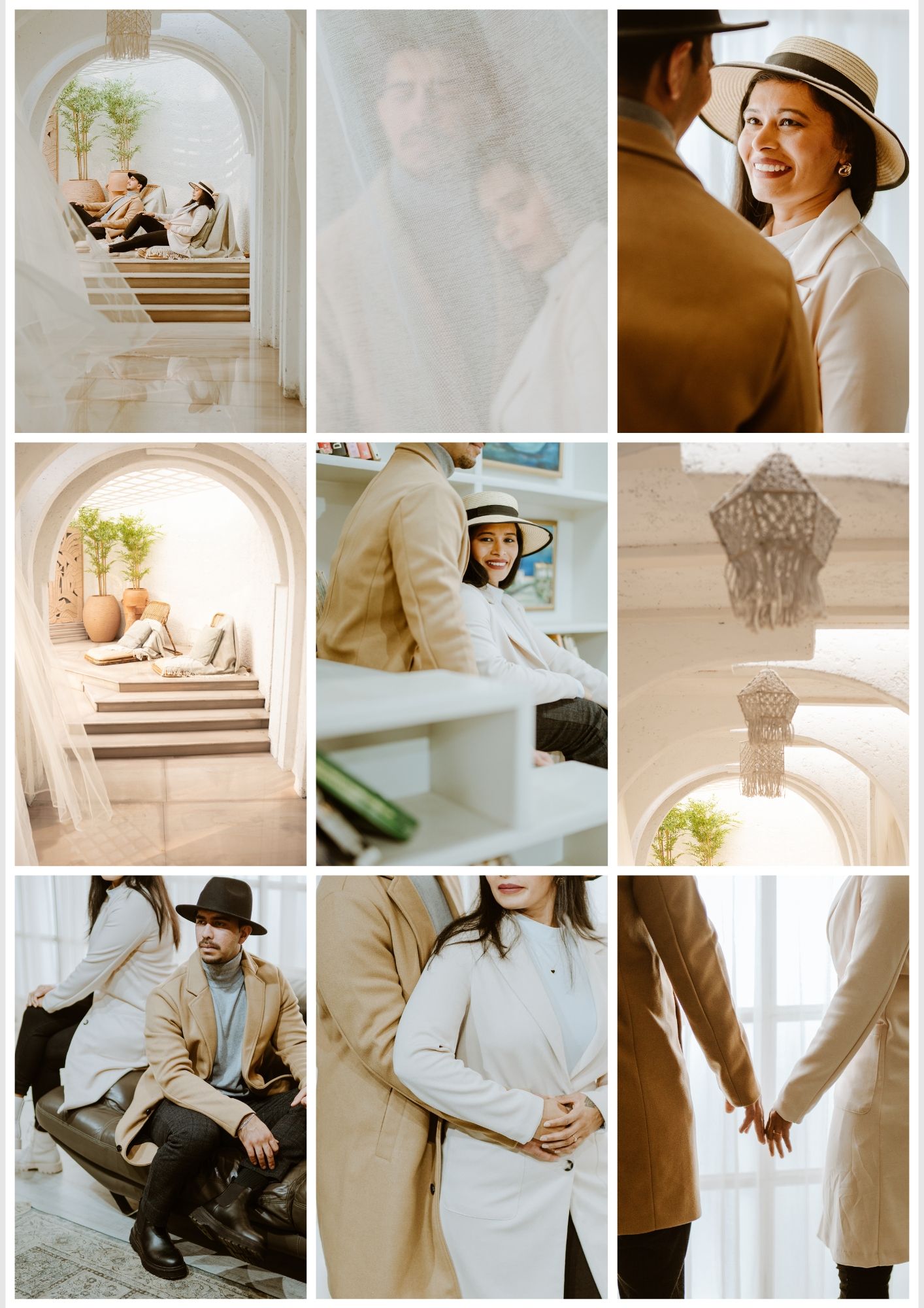 A romantic couple in neutral tones explores a white Mediterranean villa, holding hands and smiling in elegant beige and cream outfits.