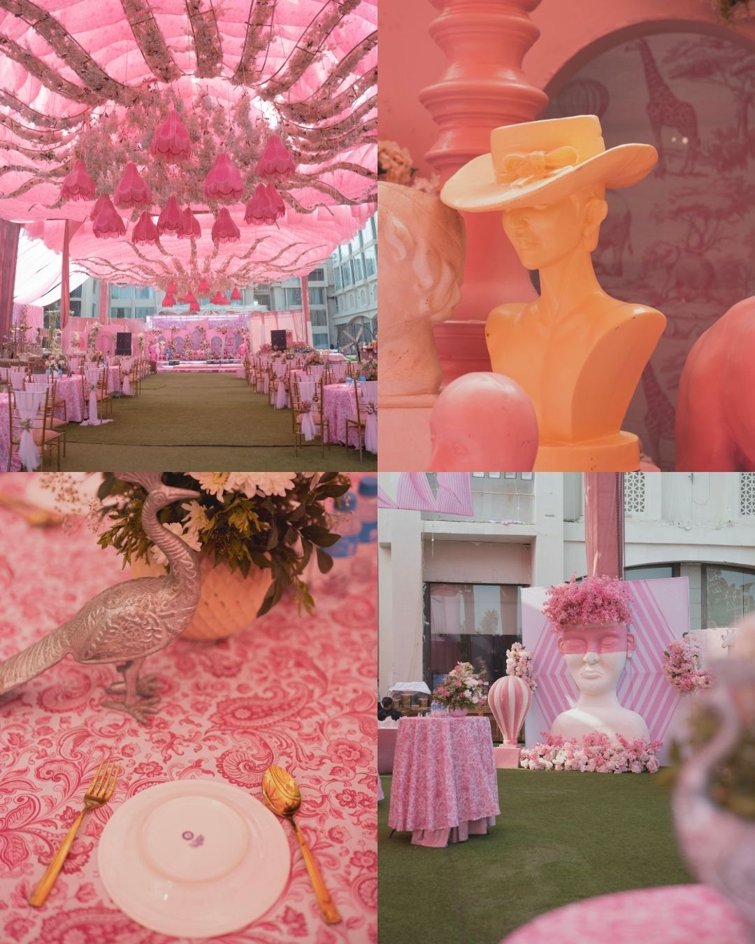 Pink-themed wedding venue collage featuring floral chandeliers, flamingo decor, gold cutlery, and elegant table settings.