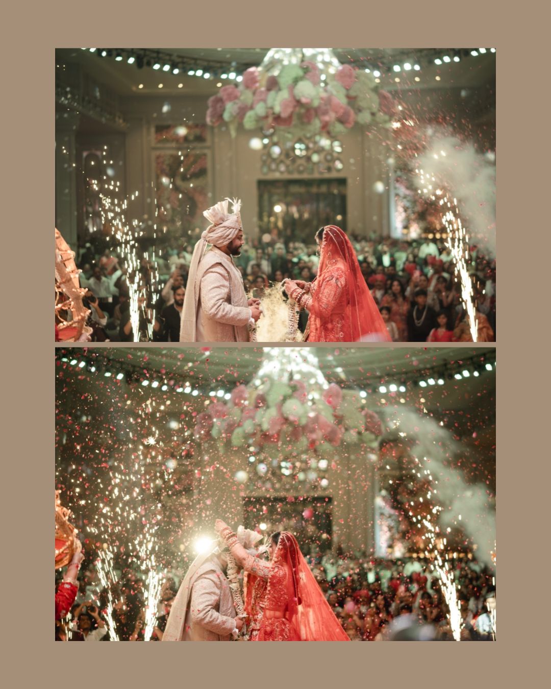 Indian bride and groom exchange vows amid sparkling fireworks and floral decor at a grand traditional wedding ceremony.