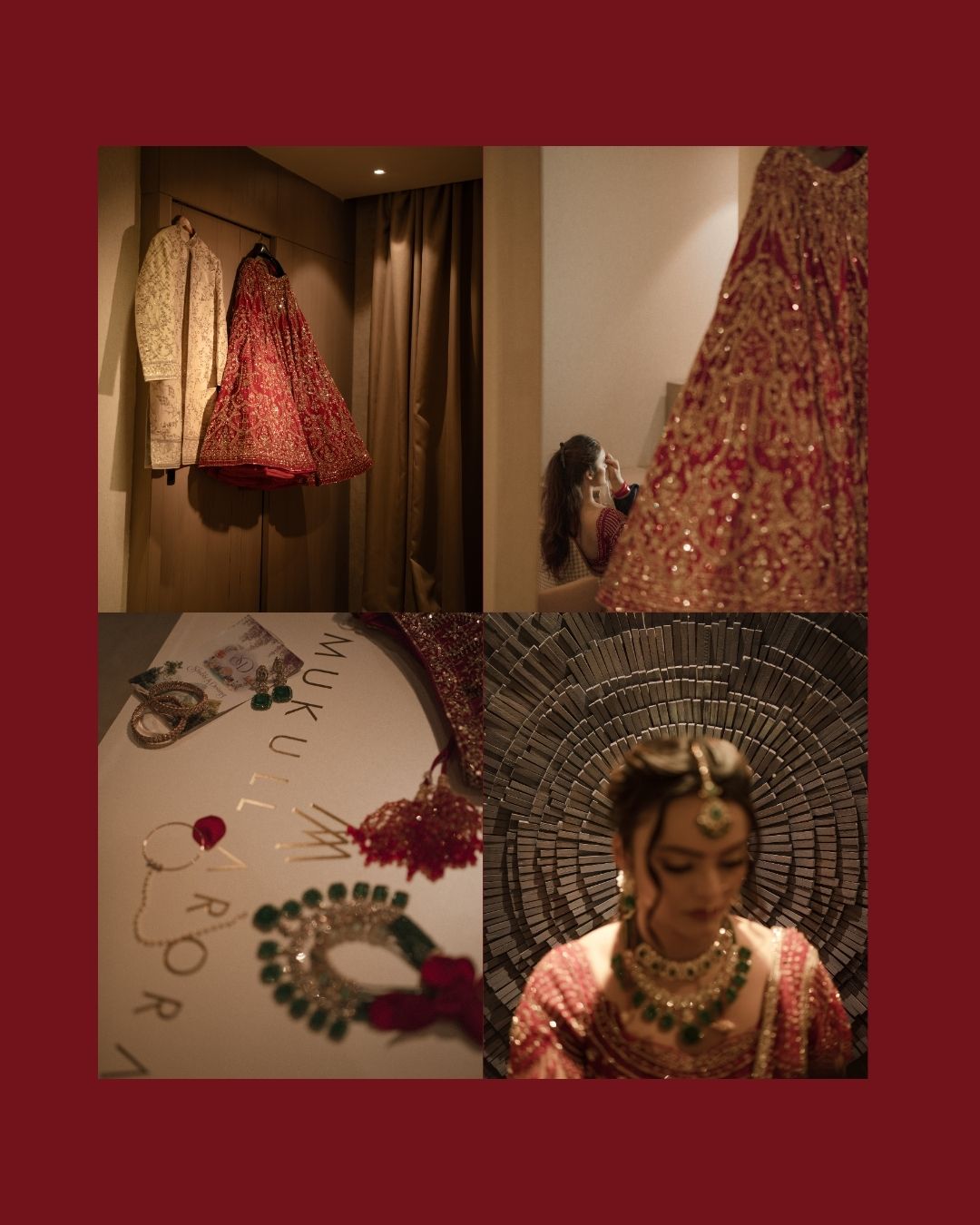 Elegant Indian bridal lehenga displayed on hanger, jewelry flatlay, and bride adorned in traditional red and gold wedding attire.