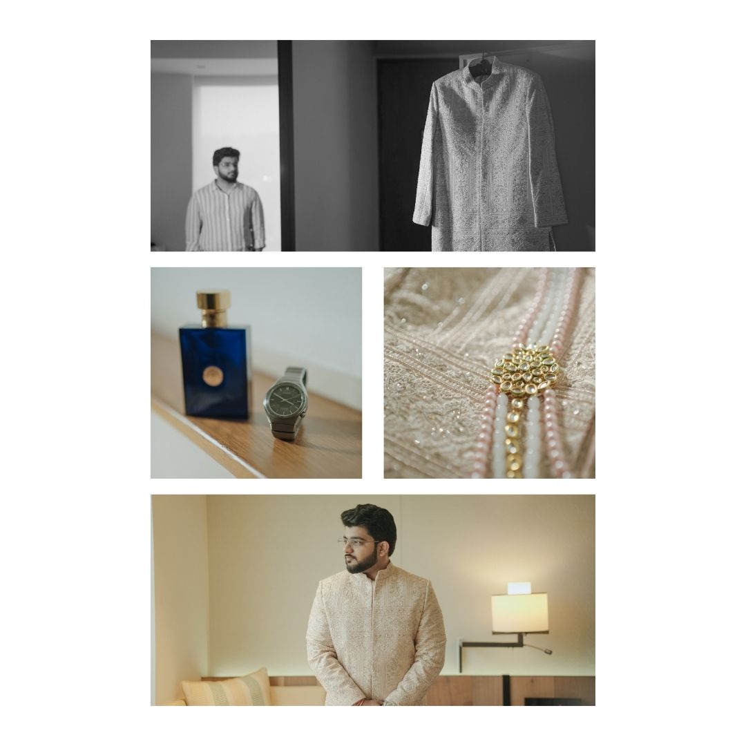Man in embroidered cream sherwani poses indoors, with collage showing cologne, watch, beaded jewelry, and hanging kurta.