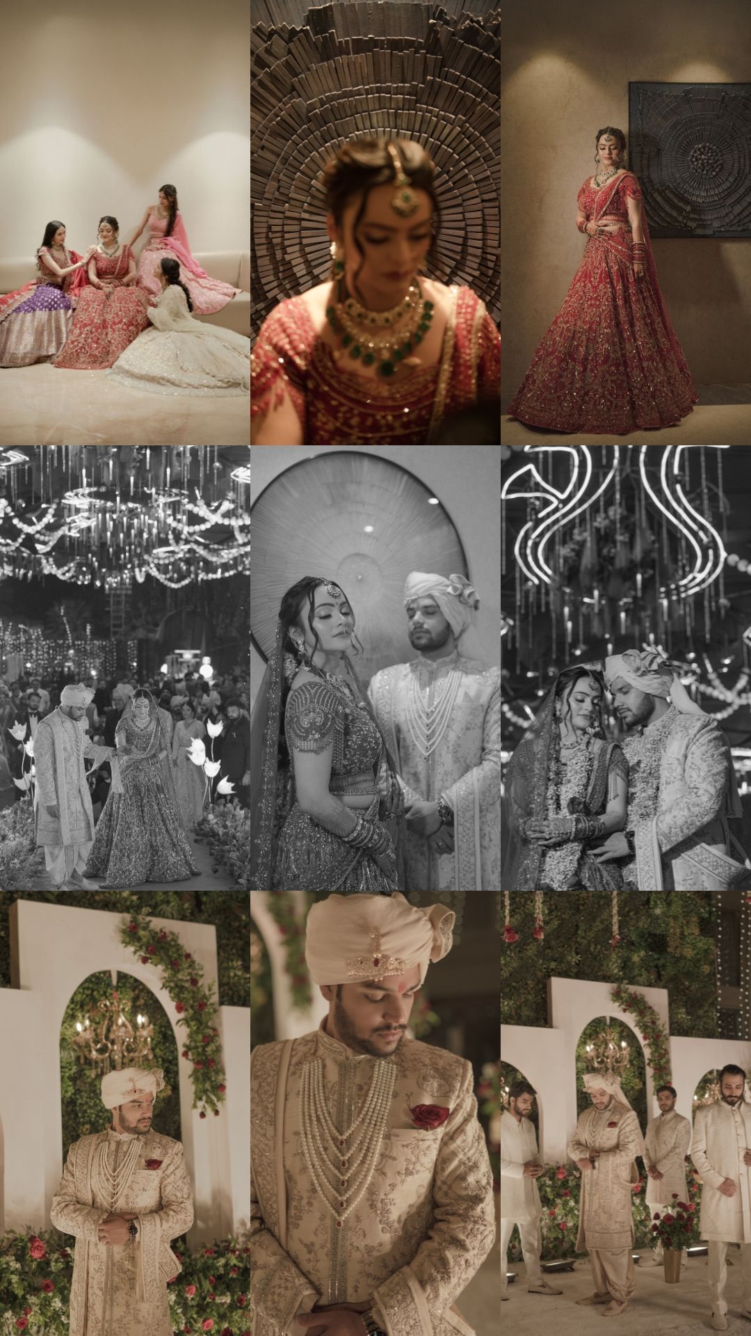 A collection of wedding photos showing traditional South Asian attire and celebrations in color and black and white.
