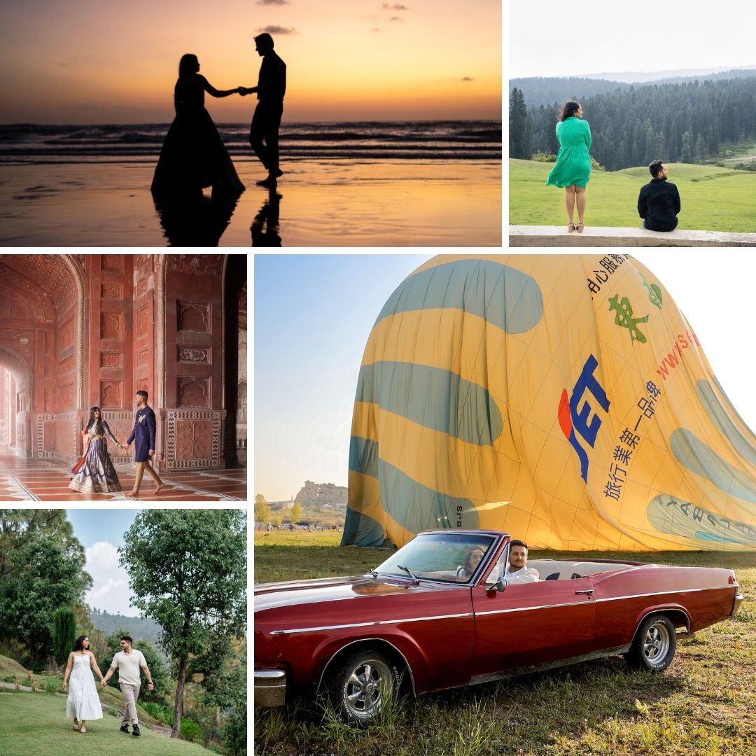 Collection of romantic outdoor scenes featuring a vintage red car and natural landscapes.