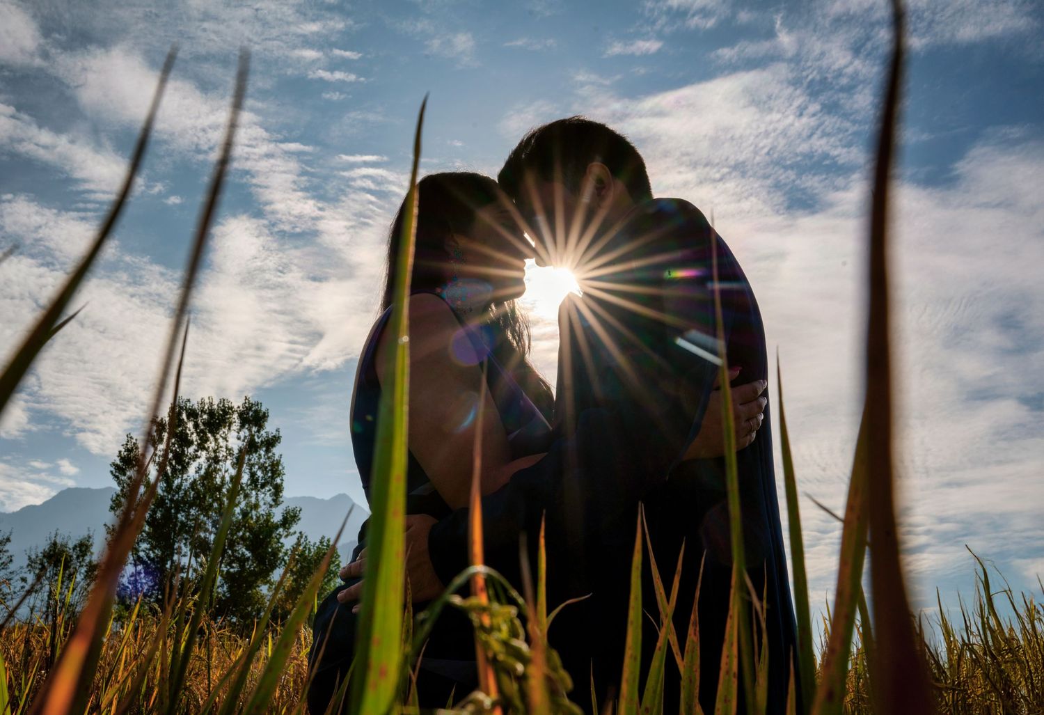 Two people silhouetted against a bright sun flare in a grassy field under a dramatic blue cloudy sky.
