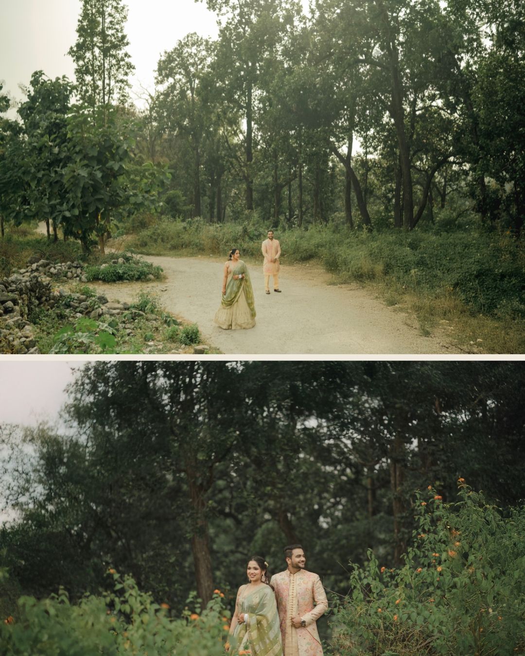 Indian bride and groom in traditional outfits posing on a lush green forest pathway.