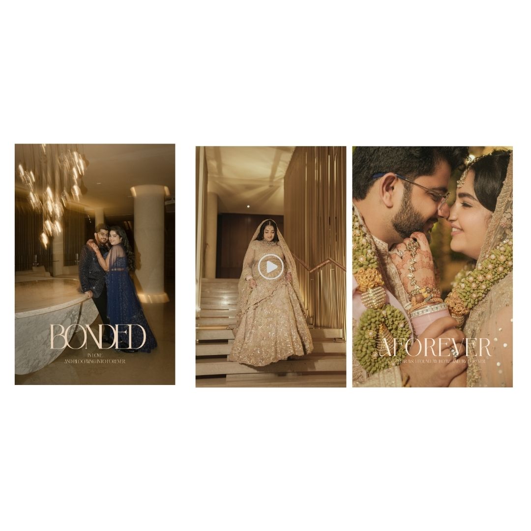A triptych of elegant South Asian wedding photos showing couples in traditional bridal attire with gold and blue tones.