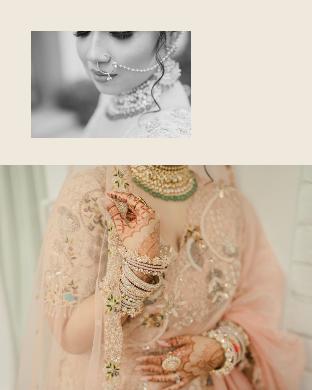 Bridal portrait collage featuring nose ring and jewelry in black and white, with henna hands and bangles in blush pink lehenga.