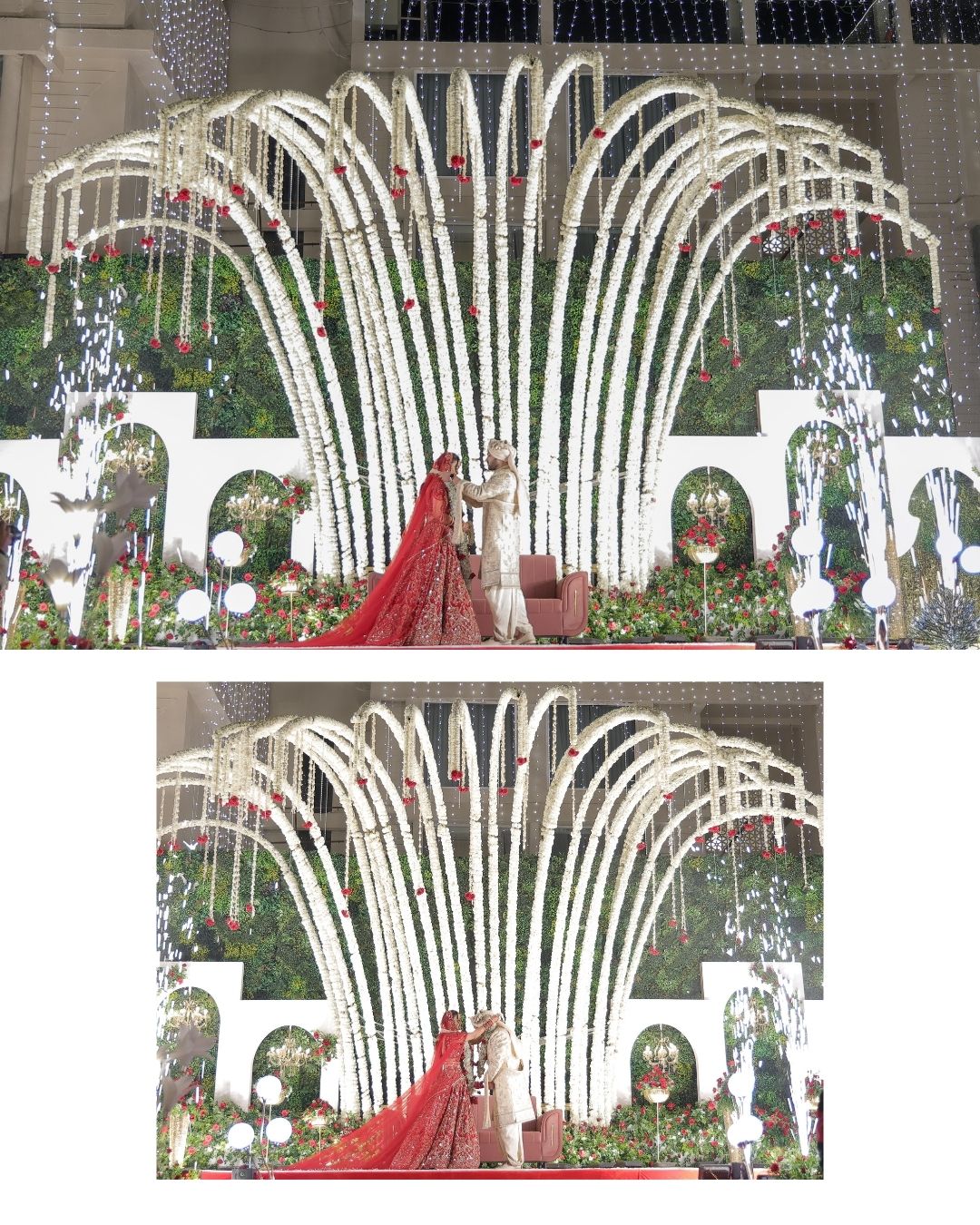 Elegant wedding stage with arching floral decorations and fireworks, bride in red lehenga with groom.