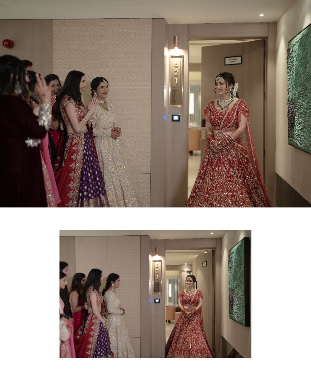 Indian bride in red bridal lehenga revealed to bridesmaids in traditional wedding getting ready moment.