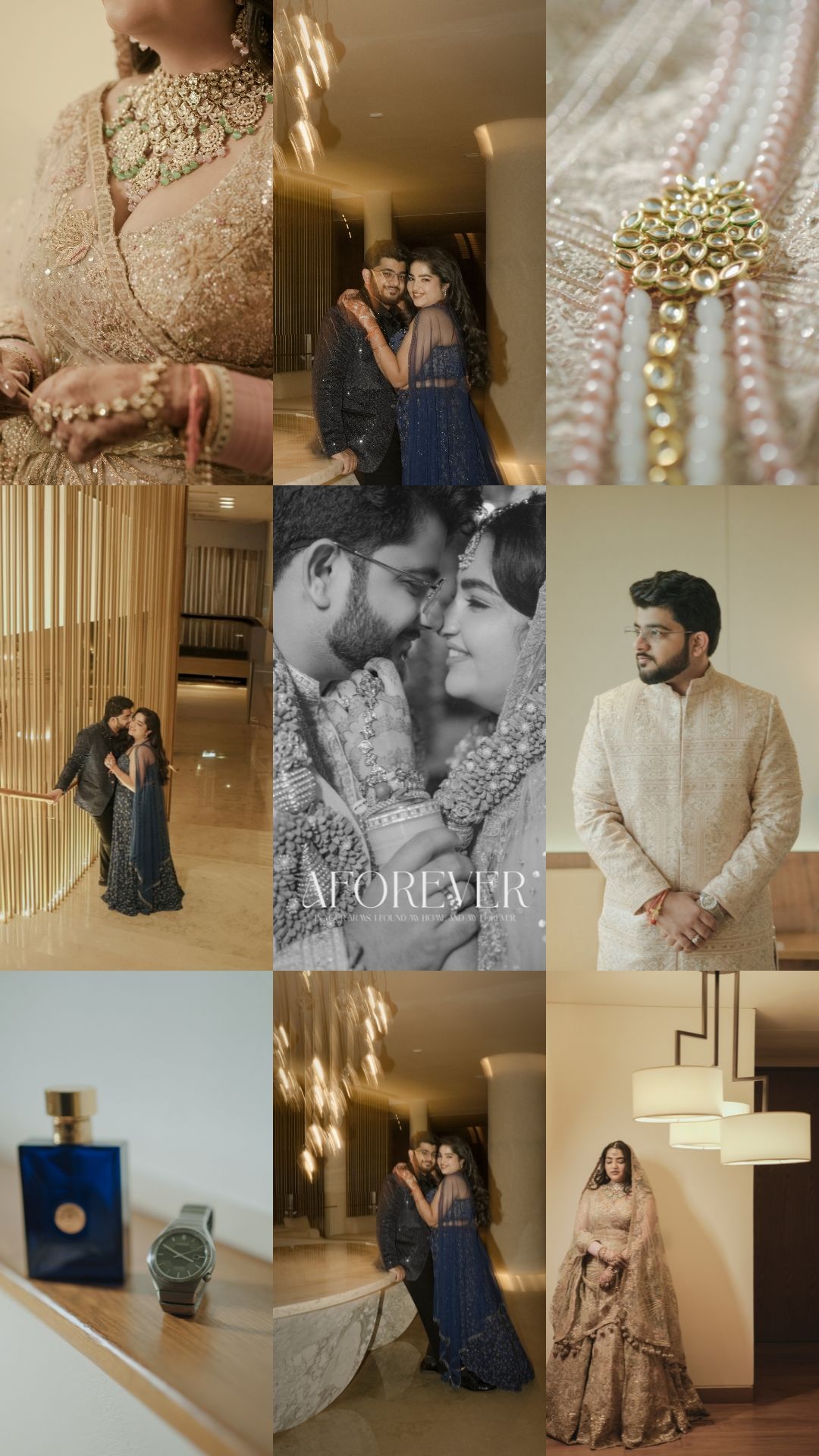 A romantic photoshoot collection featuring traditional South Asian wedding attire, jewelry details, and intimate couple moments.
