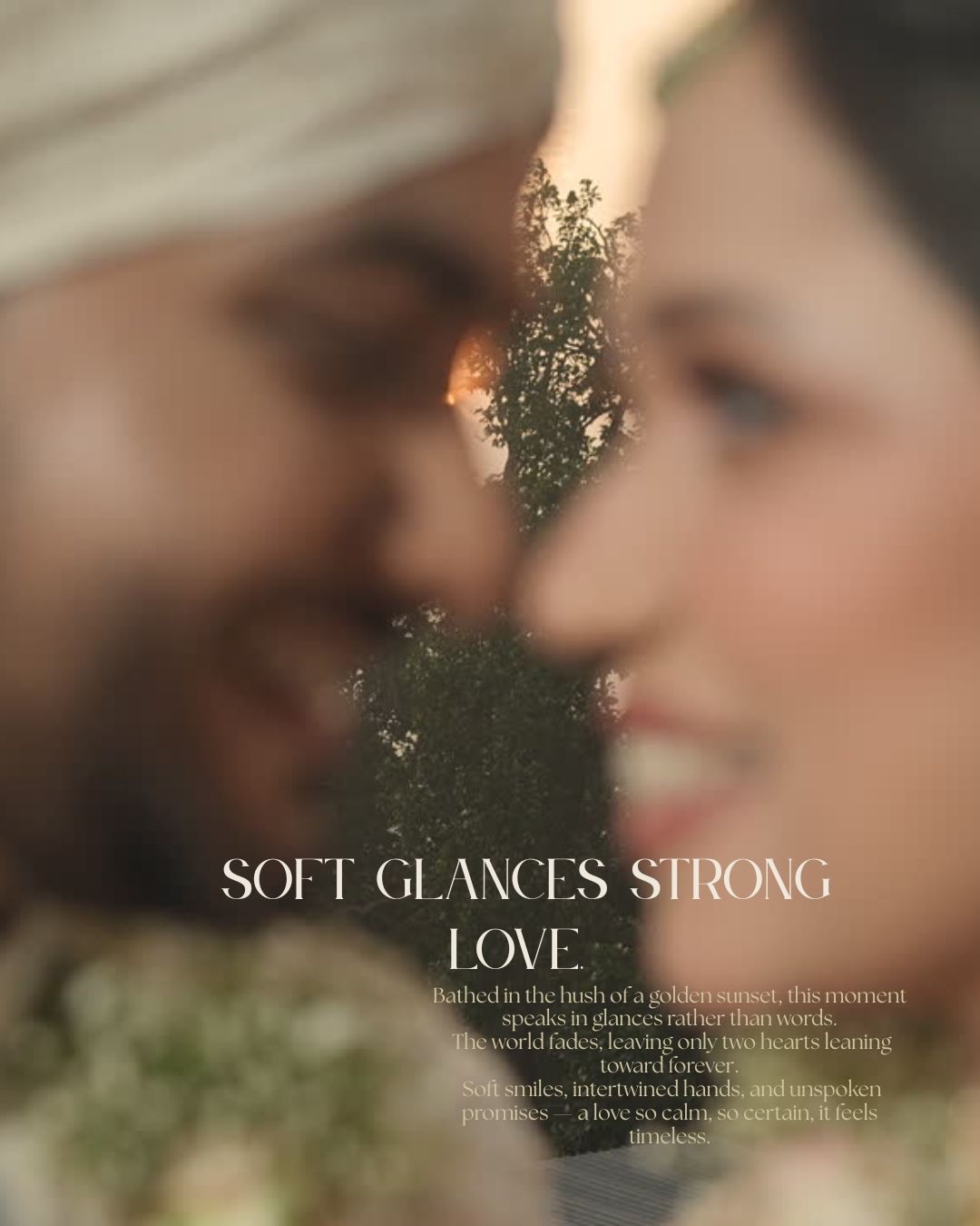 Romantic couple sharing an intimate moment at golden hour with soft focus bokeh and elegant typography overlay.