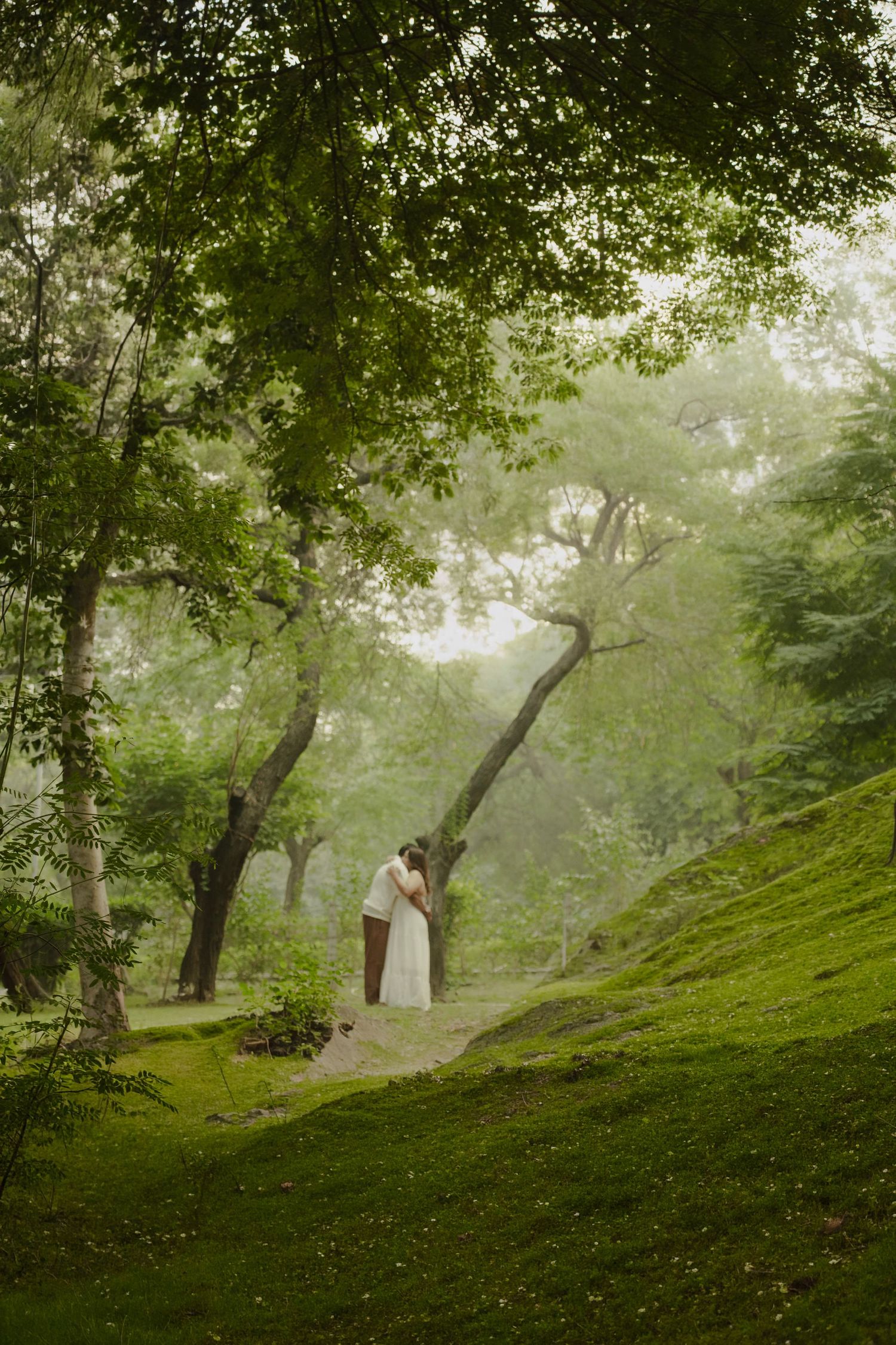 A couple embraces on a misty forest path surrounded by lush green trees and moss-covered hills.