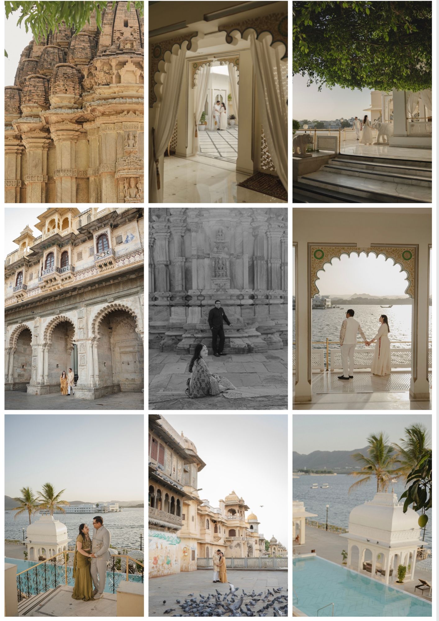 A romantic couple poses at ornate Indian palace architecture with arches, water views, and lush gardens in Udaipur, Rajasthan.