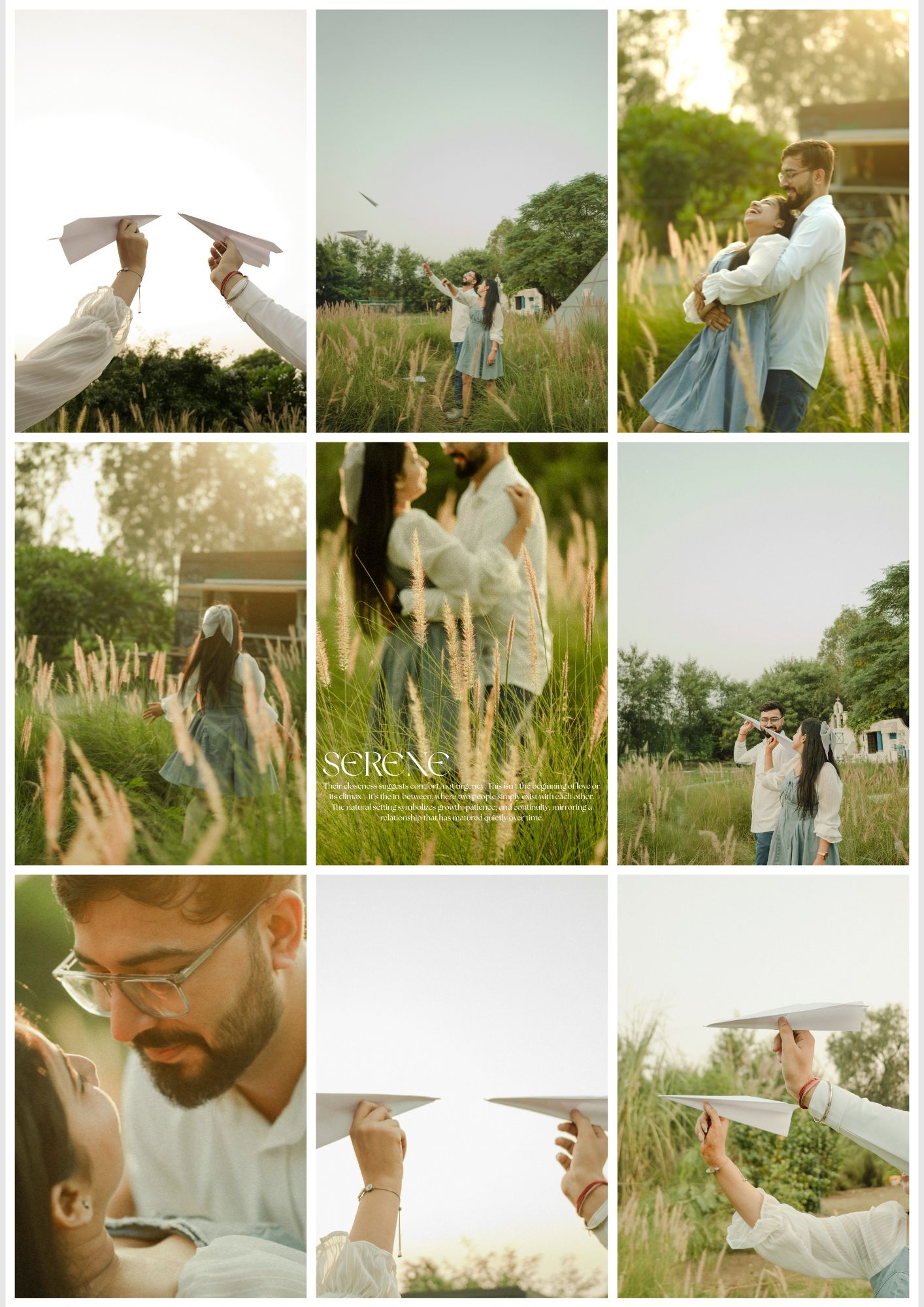 Romantic couple pre-wedding photoshoot in golden meadow with paper airplanes, embracing outdoors in soft natural light.