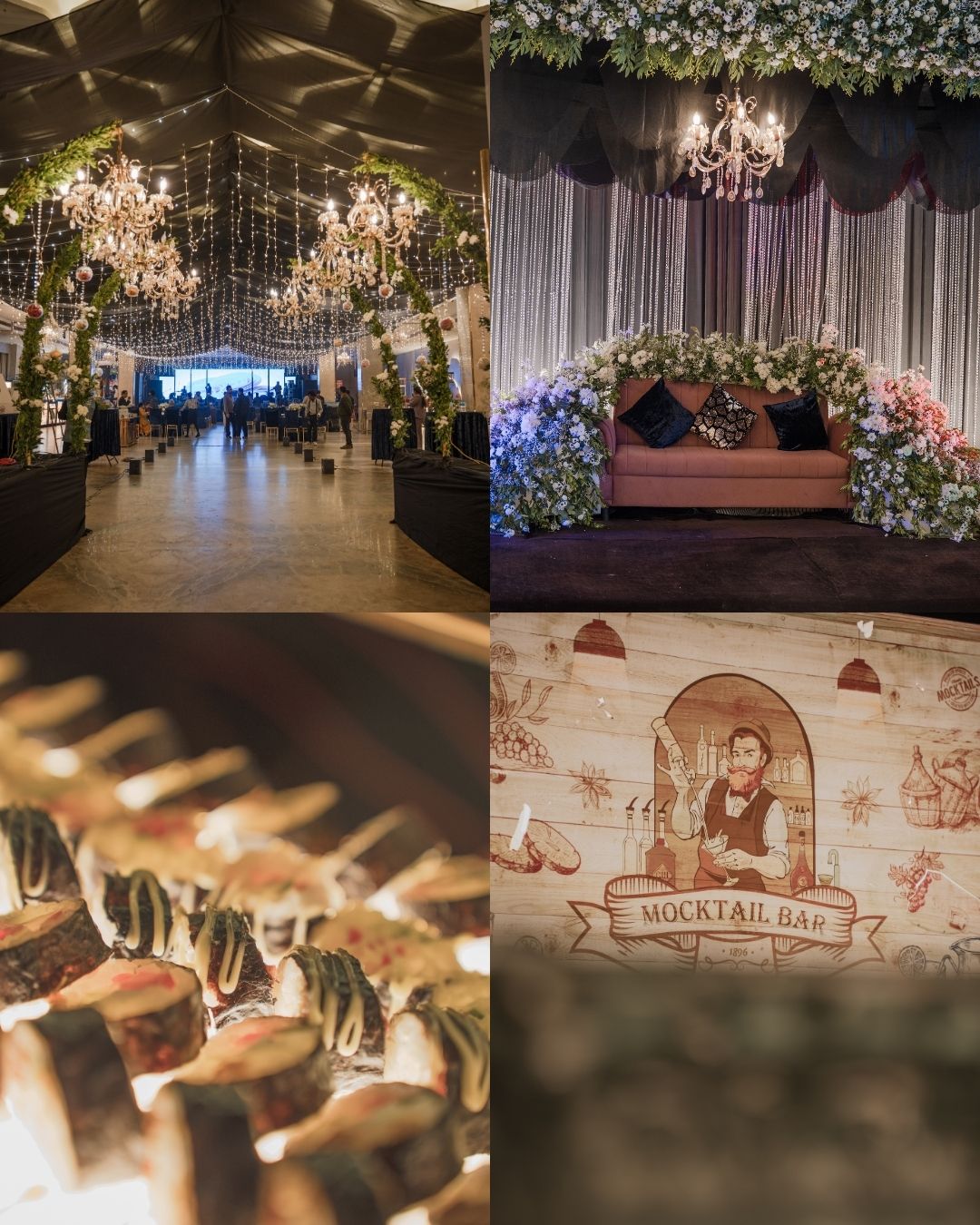 Elegant wedding venue with chandeliers, floral decor, mocktail bar signage, and appetizers on display.