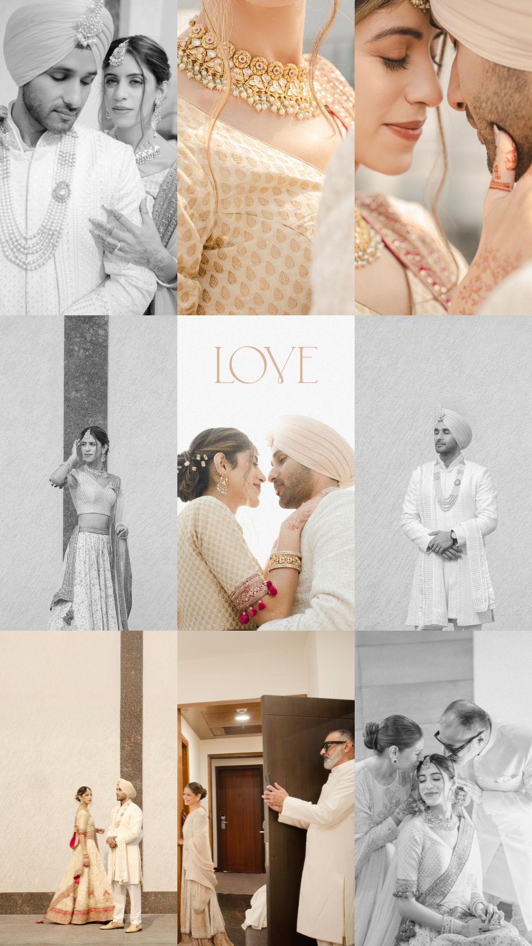 A collection of romantic wedding photos showing couples in traditional Indian attire and intimate moments in black and white.