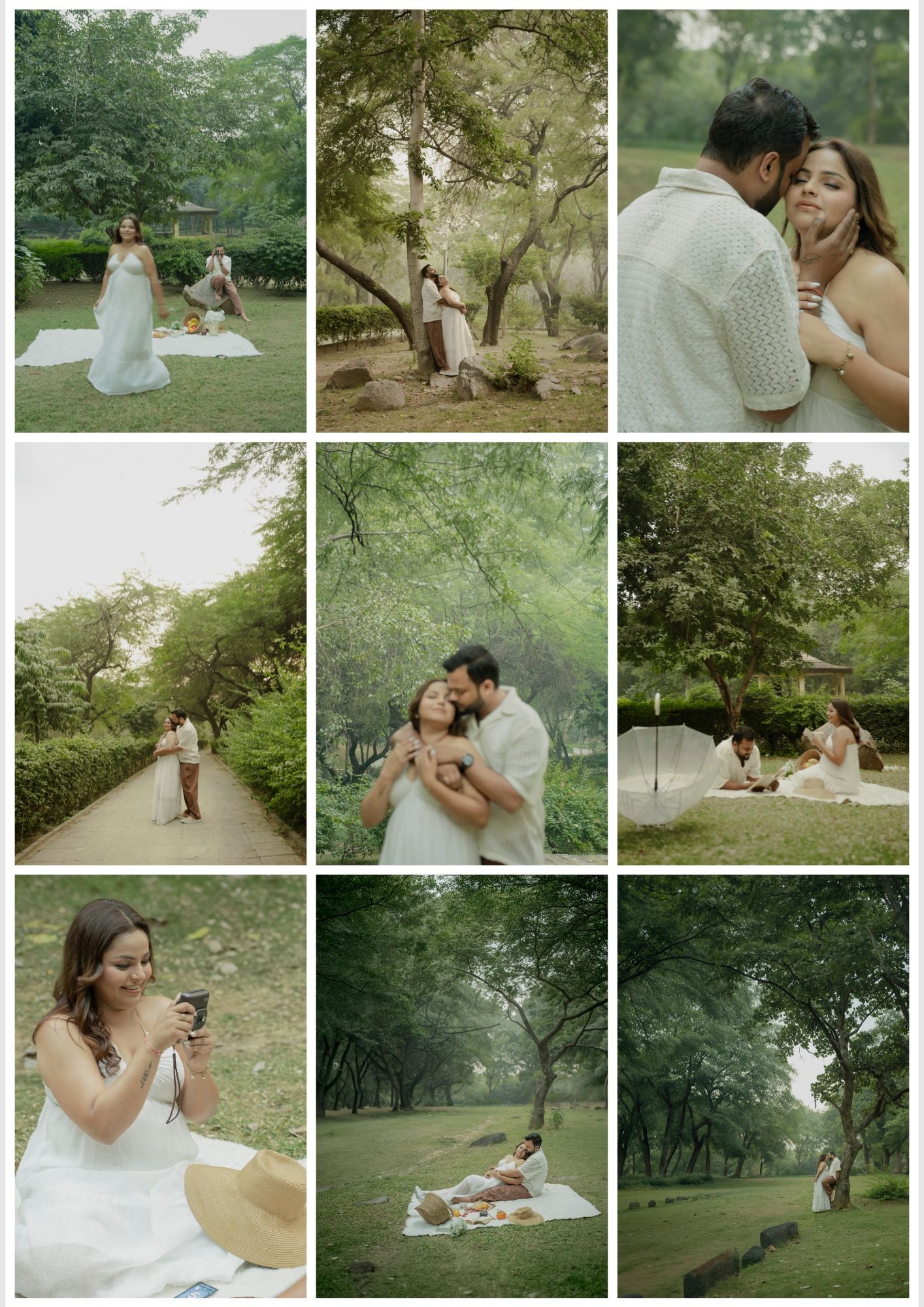 Romantic couple enjoying a picnic and intimate moments together in a lush green park, dressed in elegant white outfits.