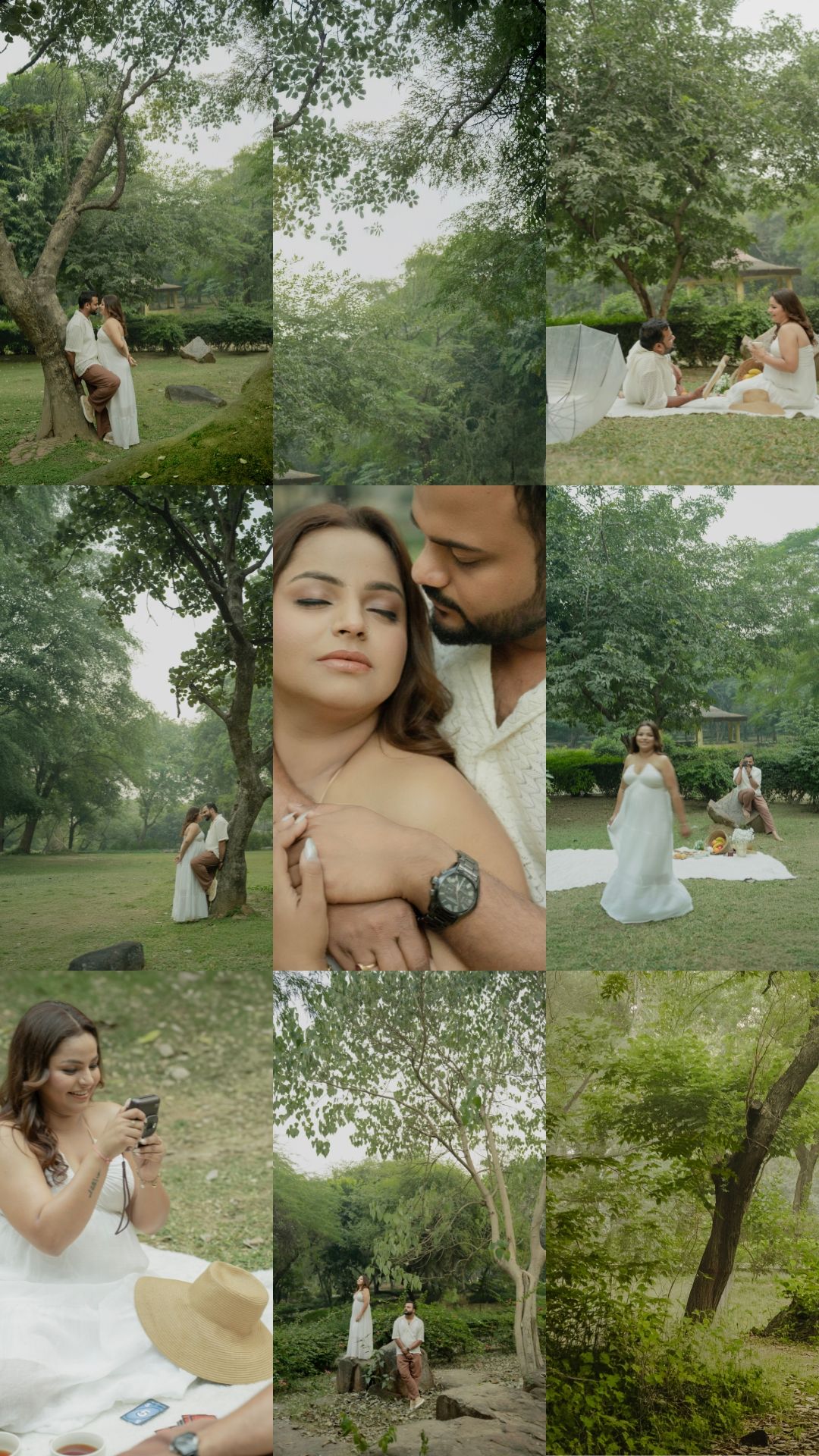 A romantic outdoor photoshoot in a lush green park setting with soft natural lighting and dreamy atmosphere.