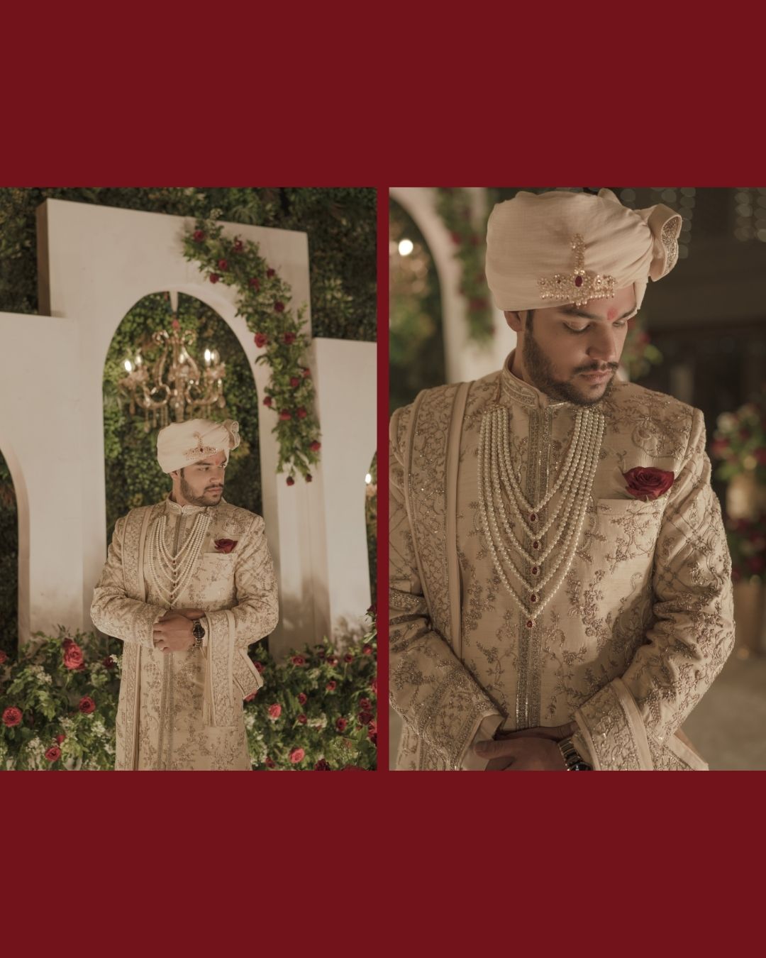 Groom in ivory embroidered sherwani and turban poses at floral wedding decor backdrop.
