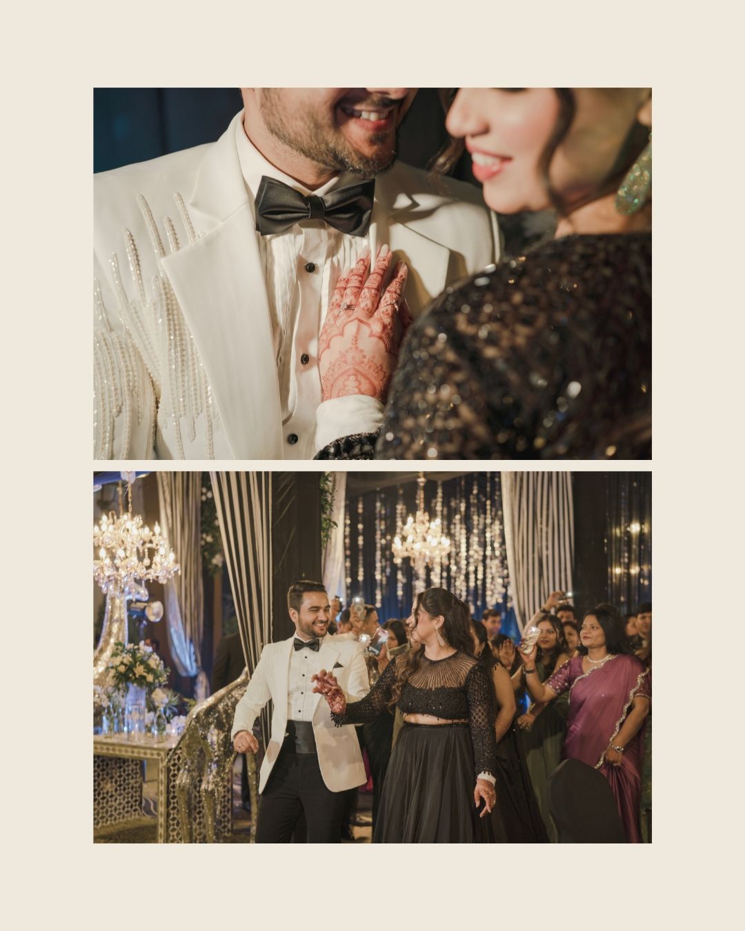 Elegant wedding couple in white tuxedo and black embroidered gown dancing at a glamorous reception with chandeliers.
