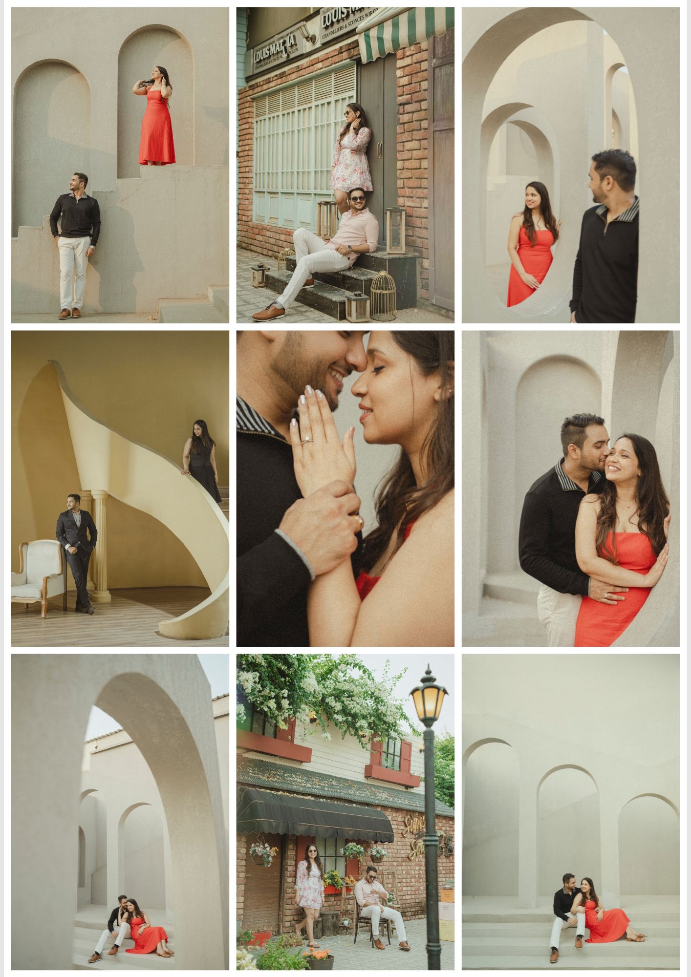 Romantic couple pre-wedding photoshoot collage featuring red dress, white arches, and intimate poses in a vintage outdoor setting.