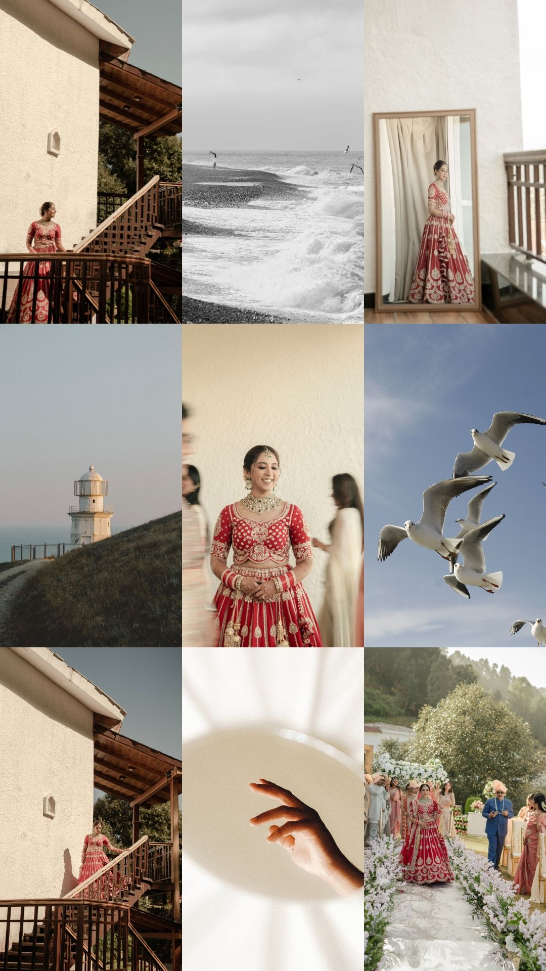 A collection of coastal wedding photos featuring seagulls, waves, floral arrangements, and red dresses against beach scenery.