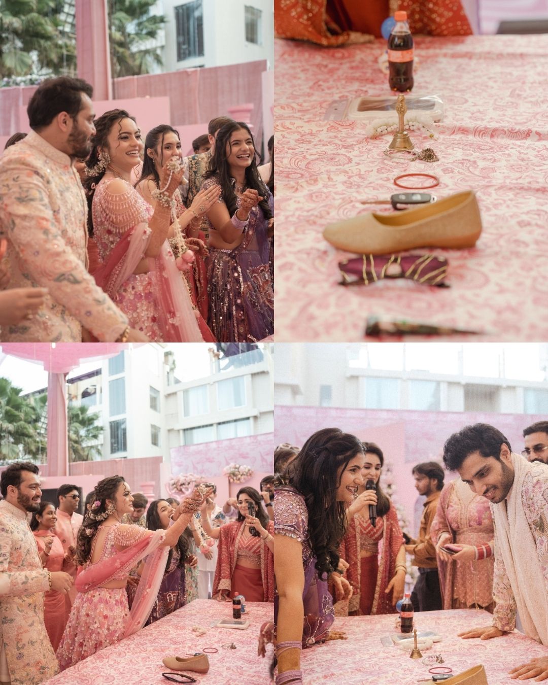 Vibrant Indian wedding ceremony with guests in pink lehengas, groom in floral sherwani, and traditional shoe-hiding ritual.