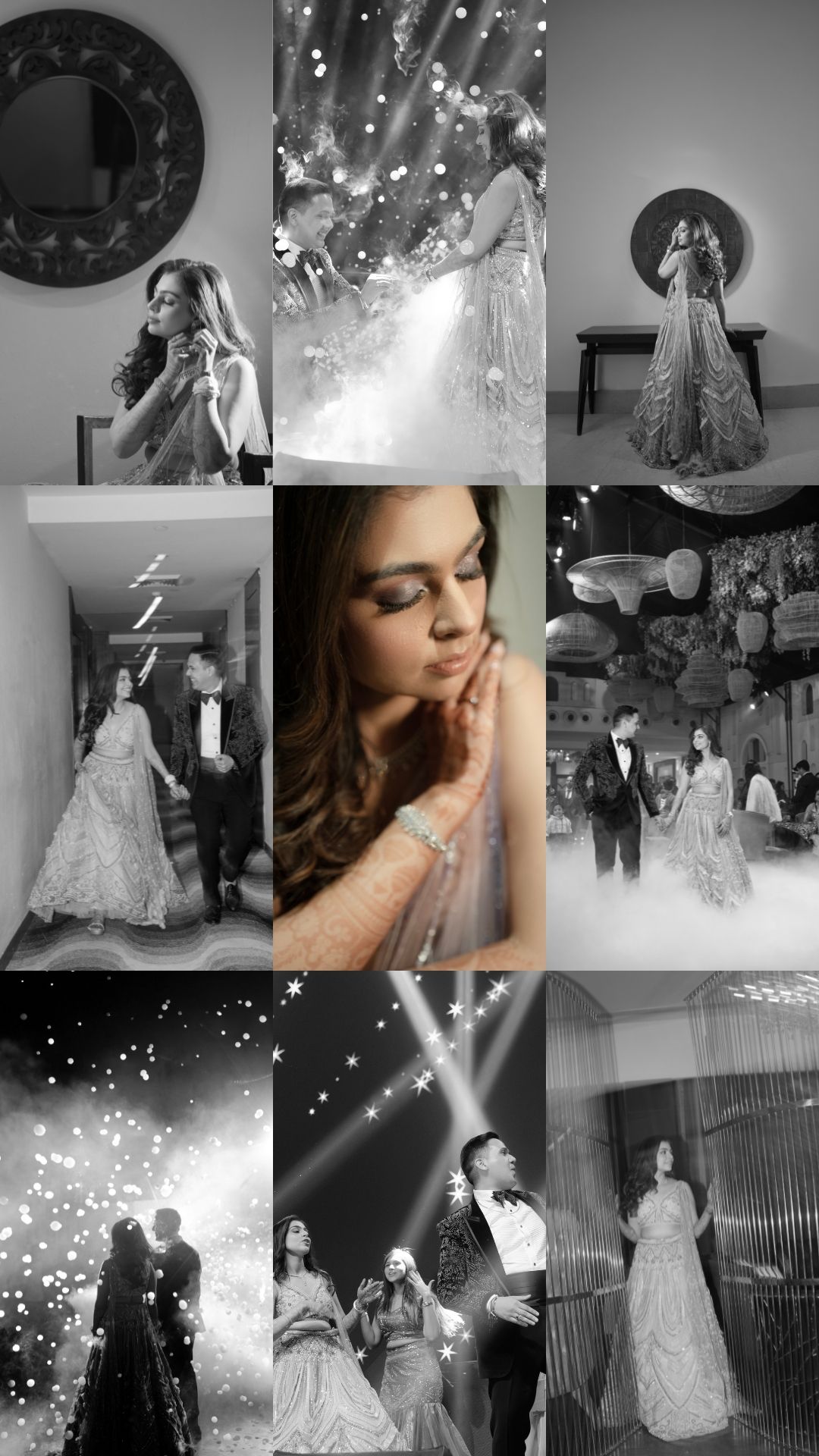 A romantic wedding photo collage featuring elegant bridal gowns, sparkling lights, and dreamy black and white moments.