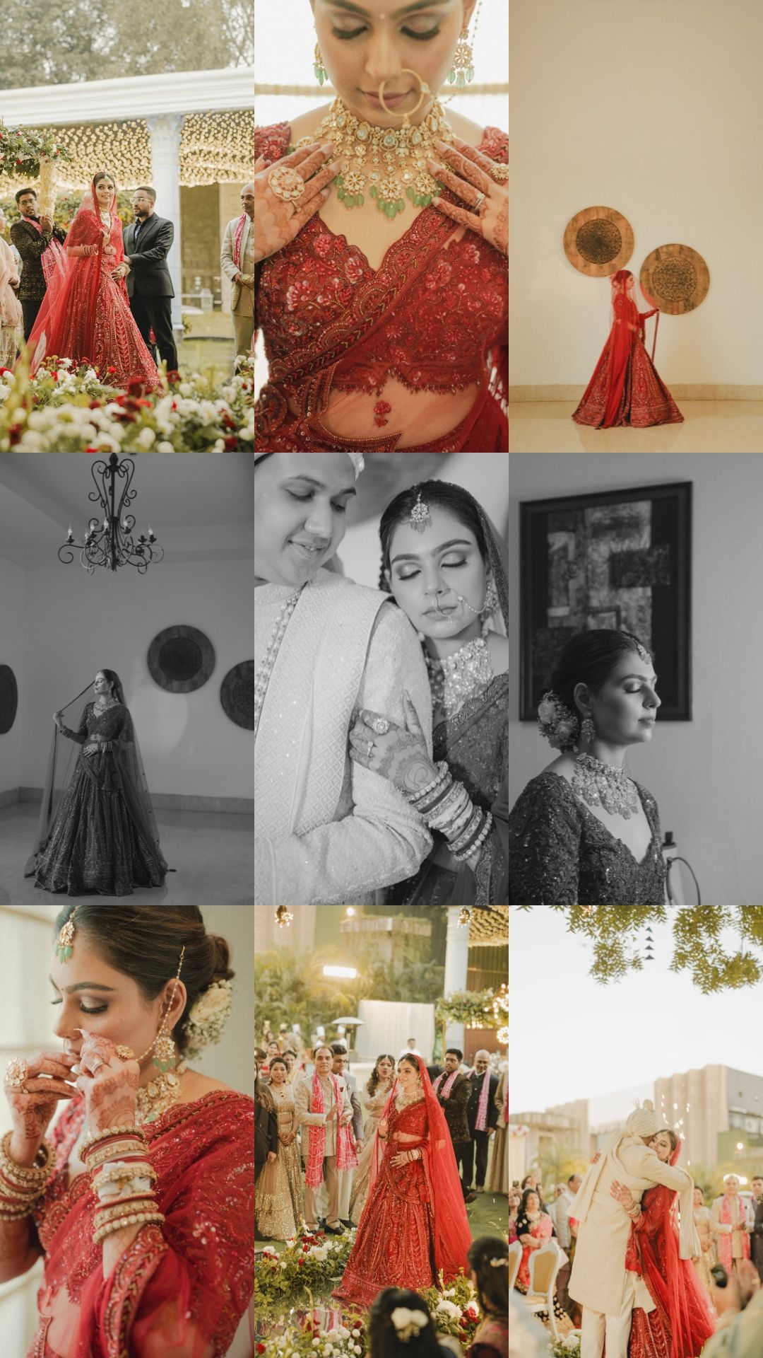 A collection of wedding photos showing a red traditional Indian bridal lehenga with intricate embroidery and jewelry details.