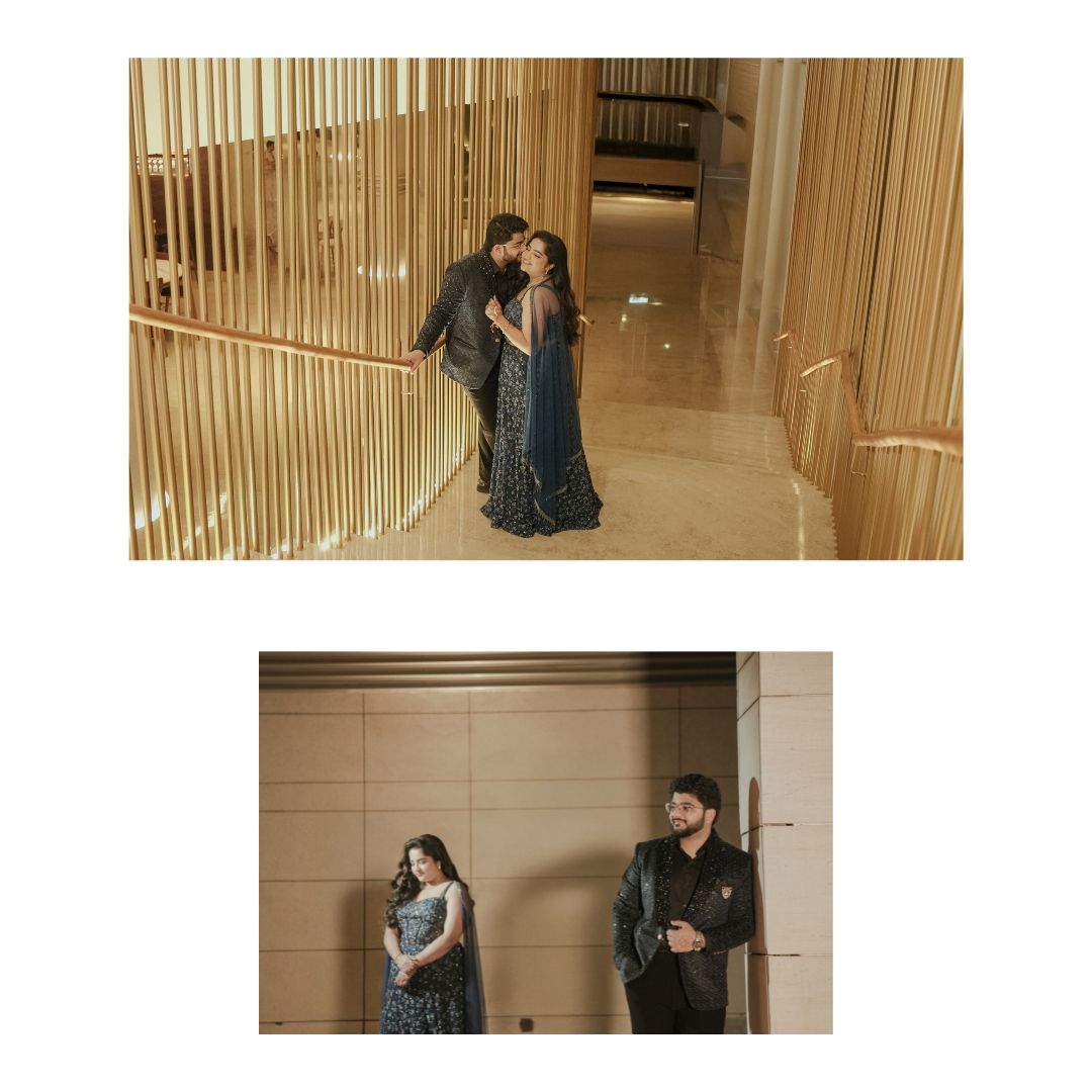 Elegant couple posing in a luxurious golden corridor, wearing formal Indian attire for a special occasion.
