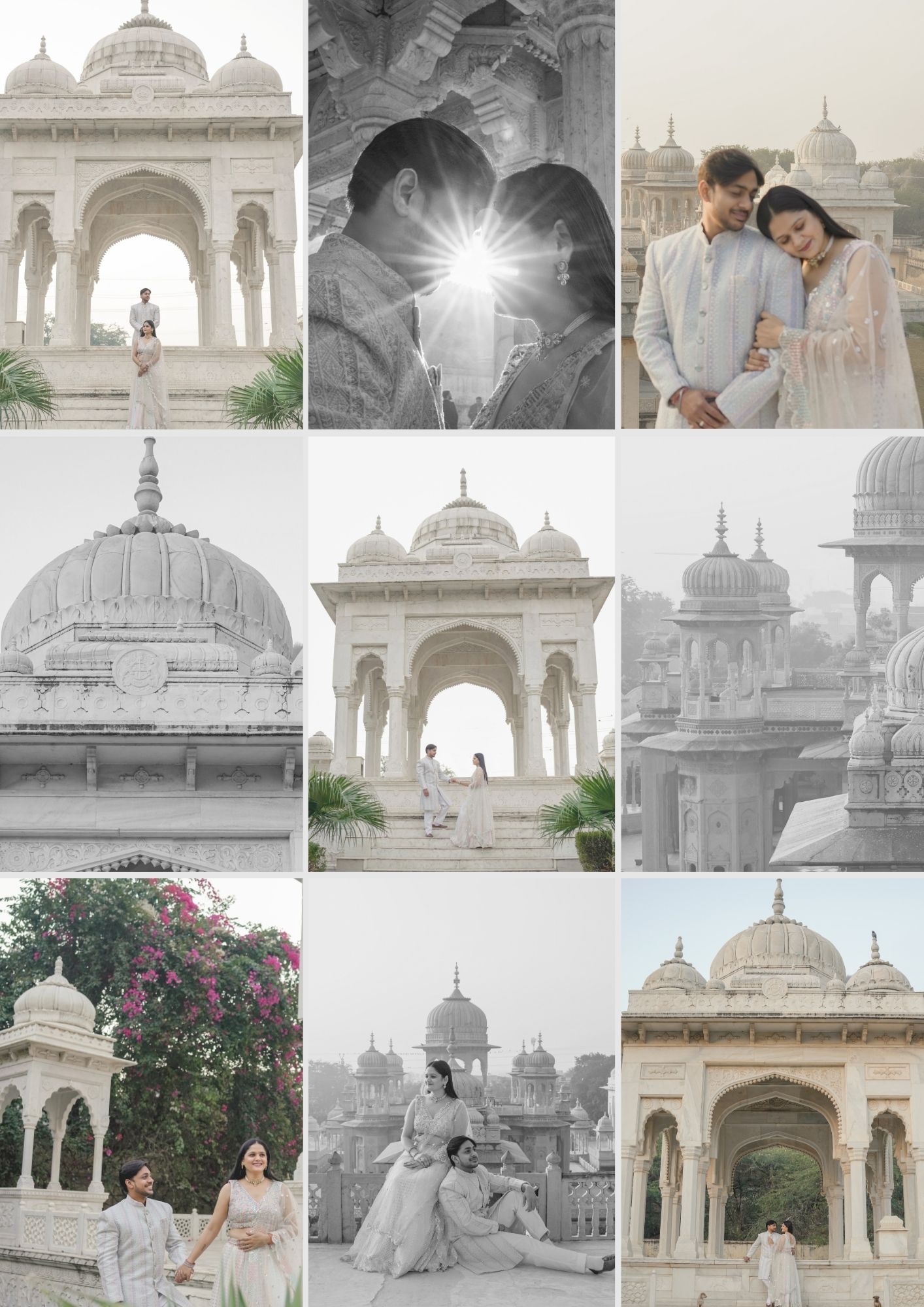 Couple in white attire posing at a stunning white marble Indian temple complex in Udaipur, Rajasthan.