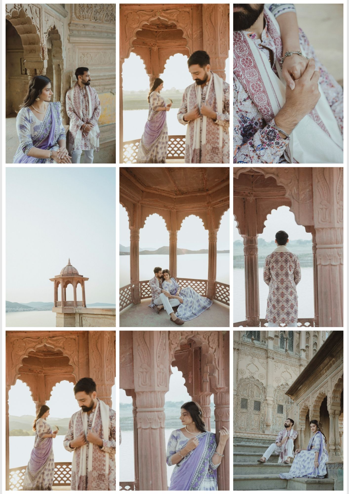 Couple in traditional Indian attire posing at a historic Rajasthani monument with ornate arches and lake views.