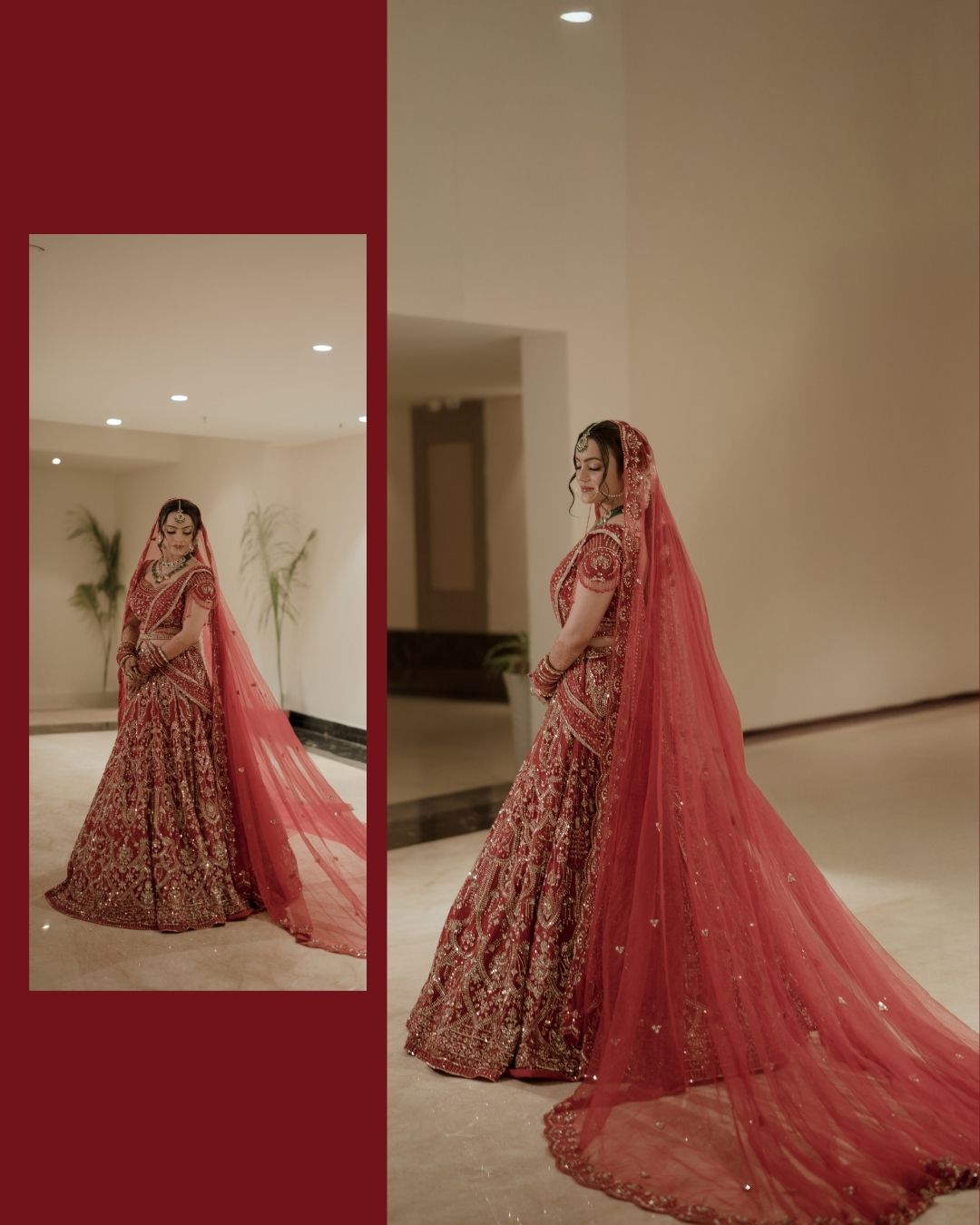 Bride in red embroidered lehenga with long veil, shown in two elegant poses against a warm neutral backdrop.
