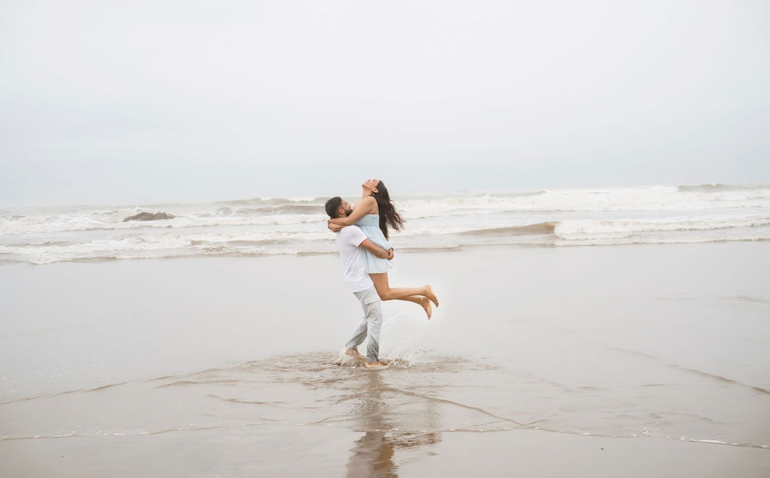 Series of playful beach photographs with splashing waves.