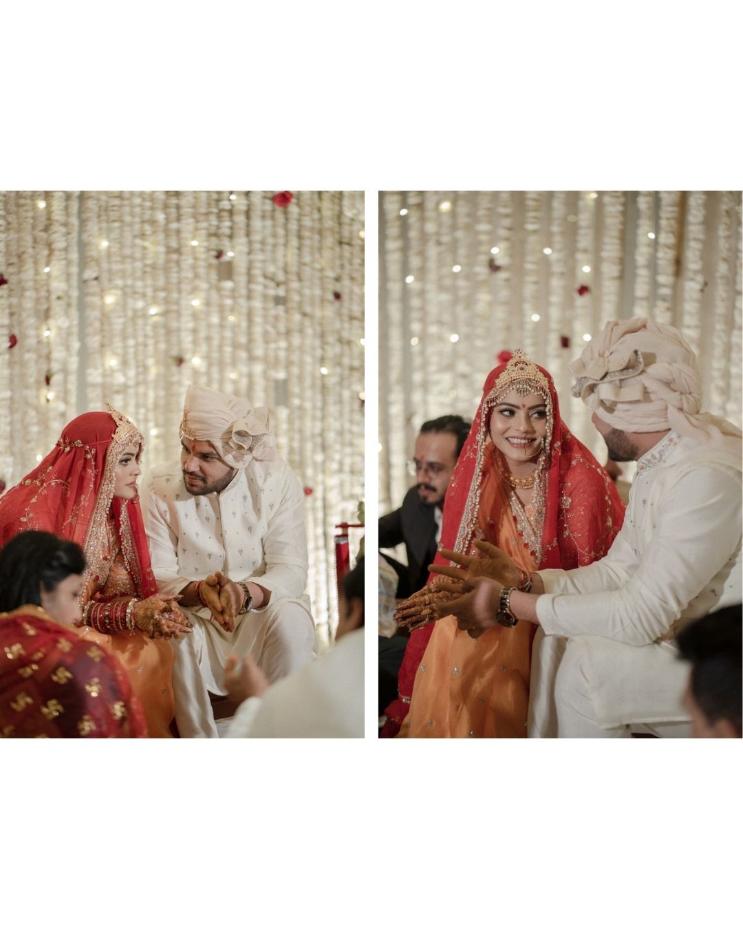 Indian bride in red dupatta and groom in white sherwani exchange wedding vows at a traditional Hindu marriage ceremony.